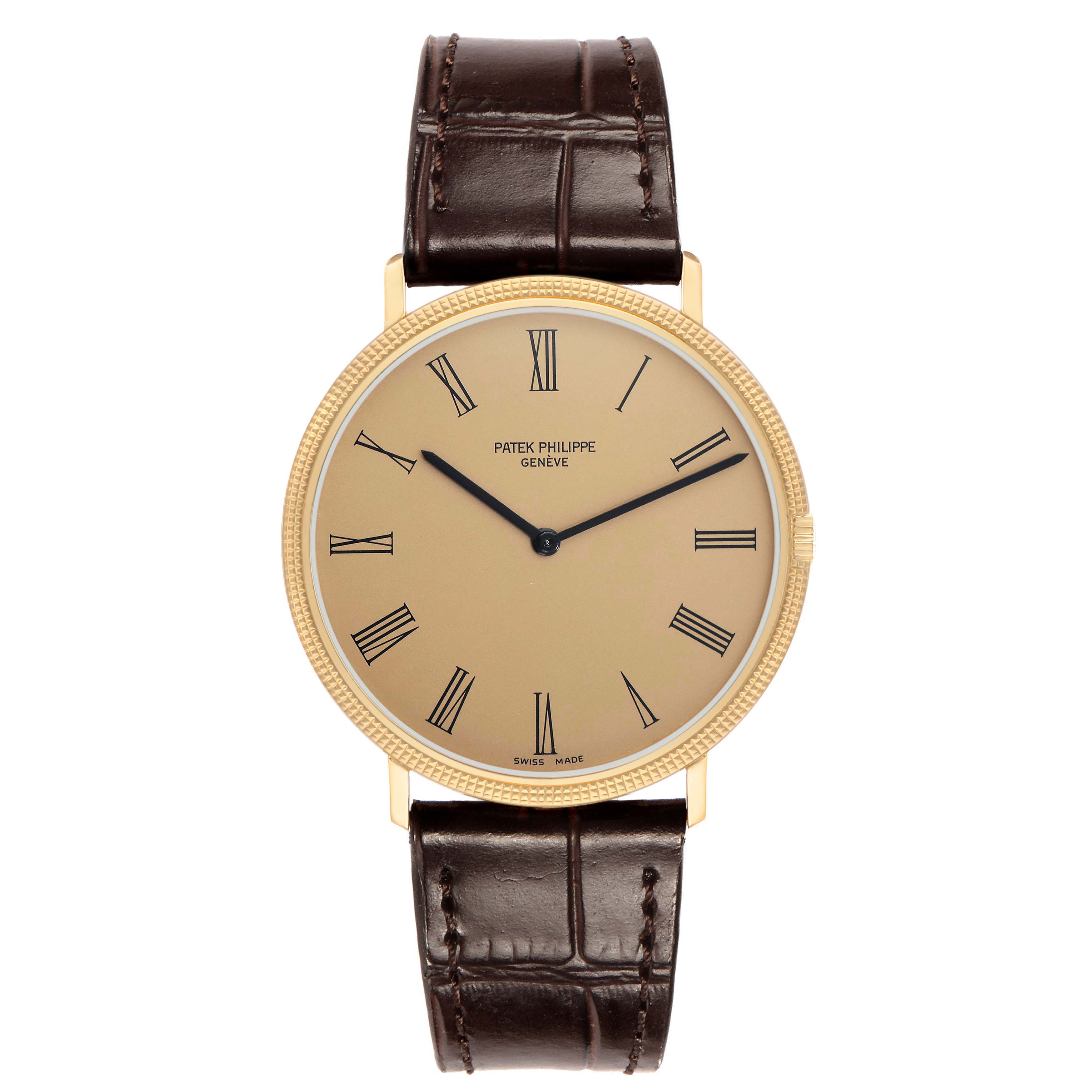 The image shows a front view of a Patek Philippe Vintage 3588J Men's Yellow Gold Champagne Dial watch with a gold case, beige dial, Roman numerals, and a brown leather strap.