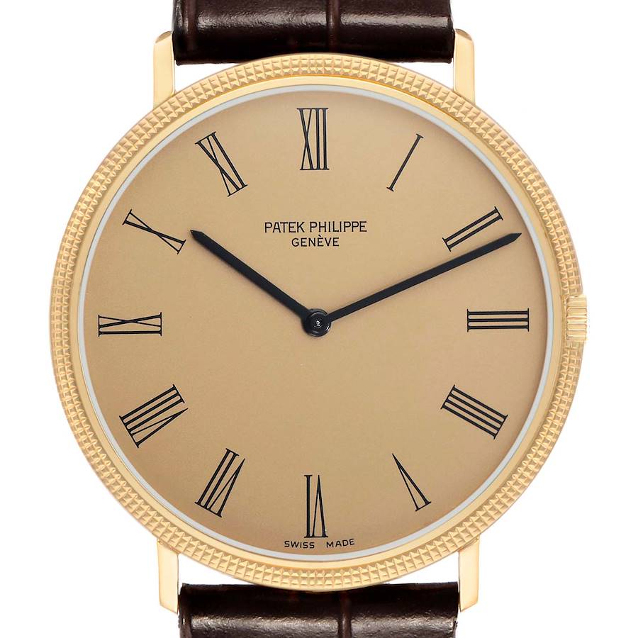 The Patek Philippe Vintage 3588J Men's Yellow Gold Champagne Dial watch is shown from the front, highlighting the face, Roman numerals, and part of the leather strap.