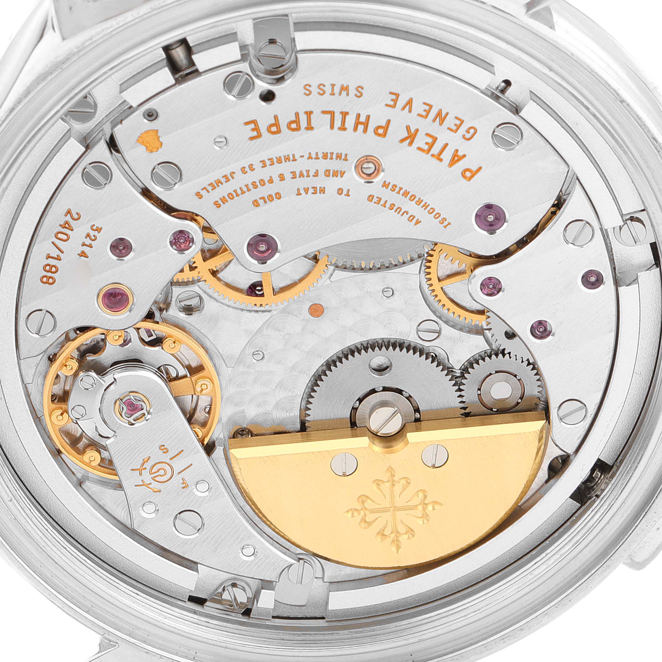 This image shows the intricate internal mechanisms of a Patek Philippe Complications 5110P Men's Platinum Silver Dial 5110P Men's Platinum Silver Dial watch from a close-up, rear angle.