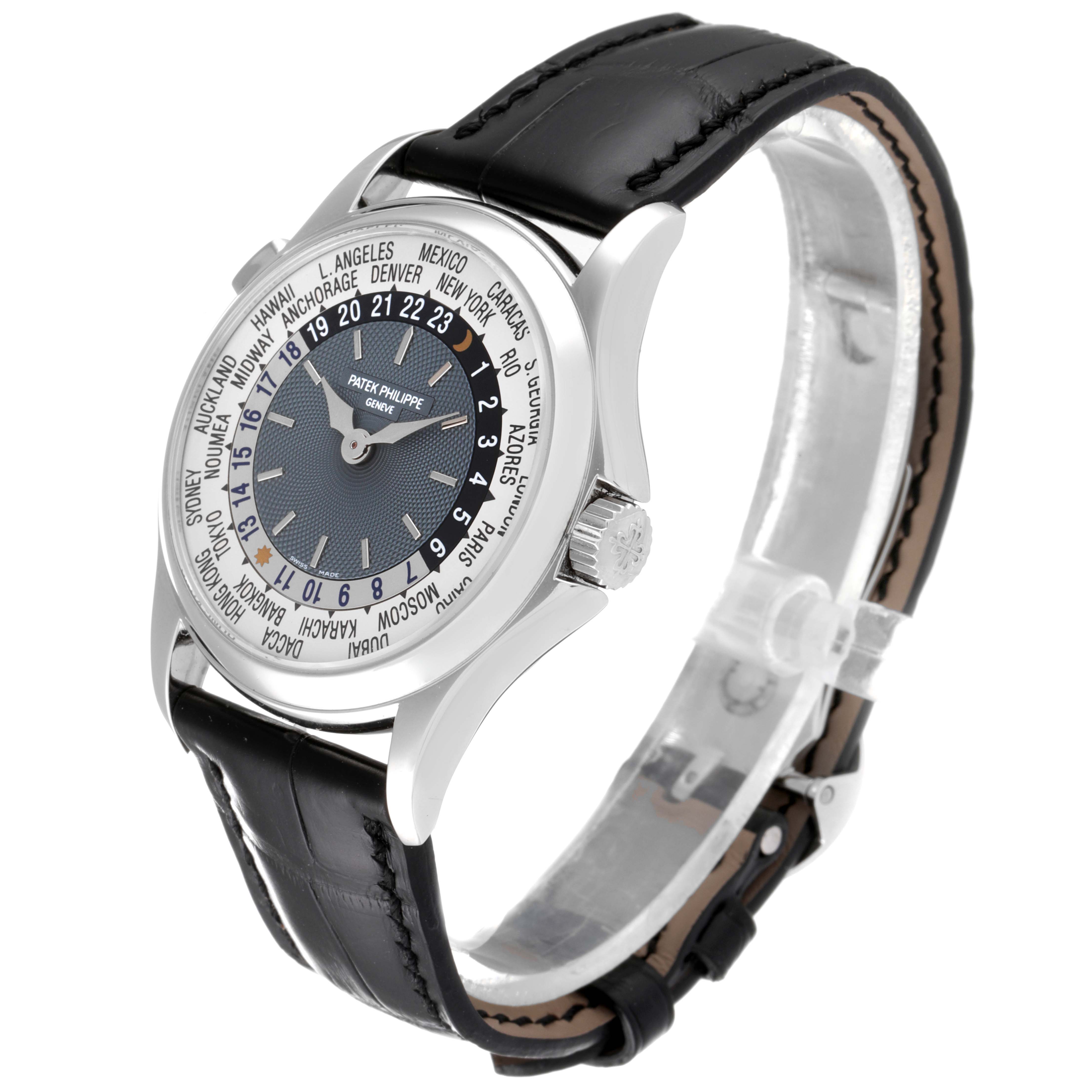 This image shows a side angle of the Patek Philippe Complications 5110P Men's Platinum Silver Dial 5110P Men's Platinum Silver Dial watch, highlighting its face, bezel, crown, and leather strap.