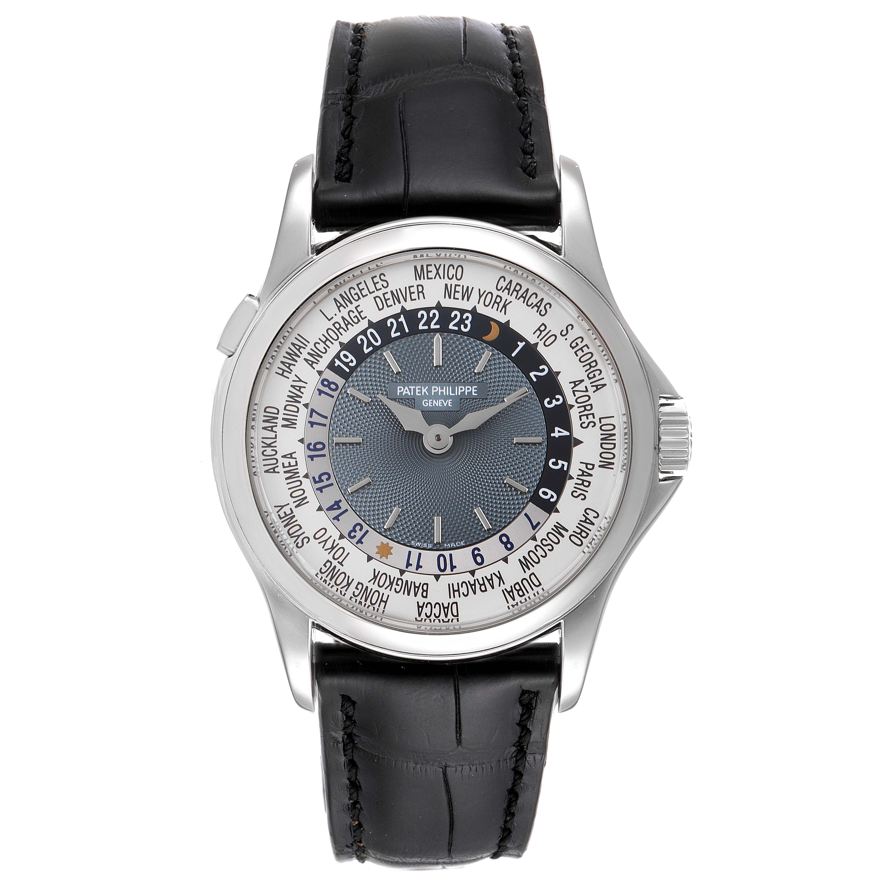 This image shows a front view of the Patek Philippe Complications 5110P Men's Platinum Silver Dial 5110P Men's Platinum Silver Dial watch, highlighting the world time dial and leather strap.