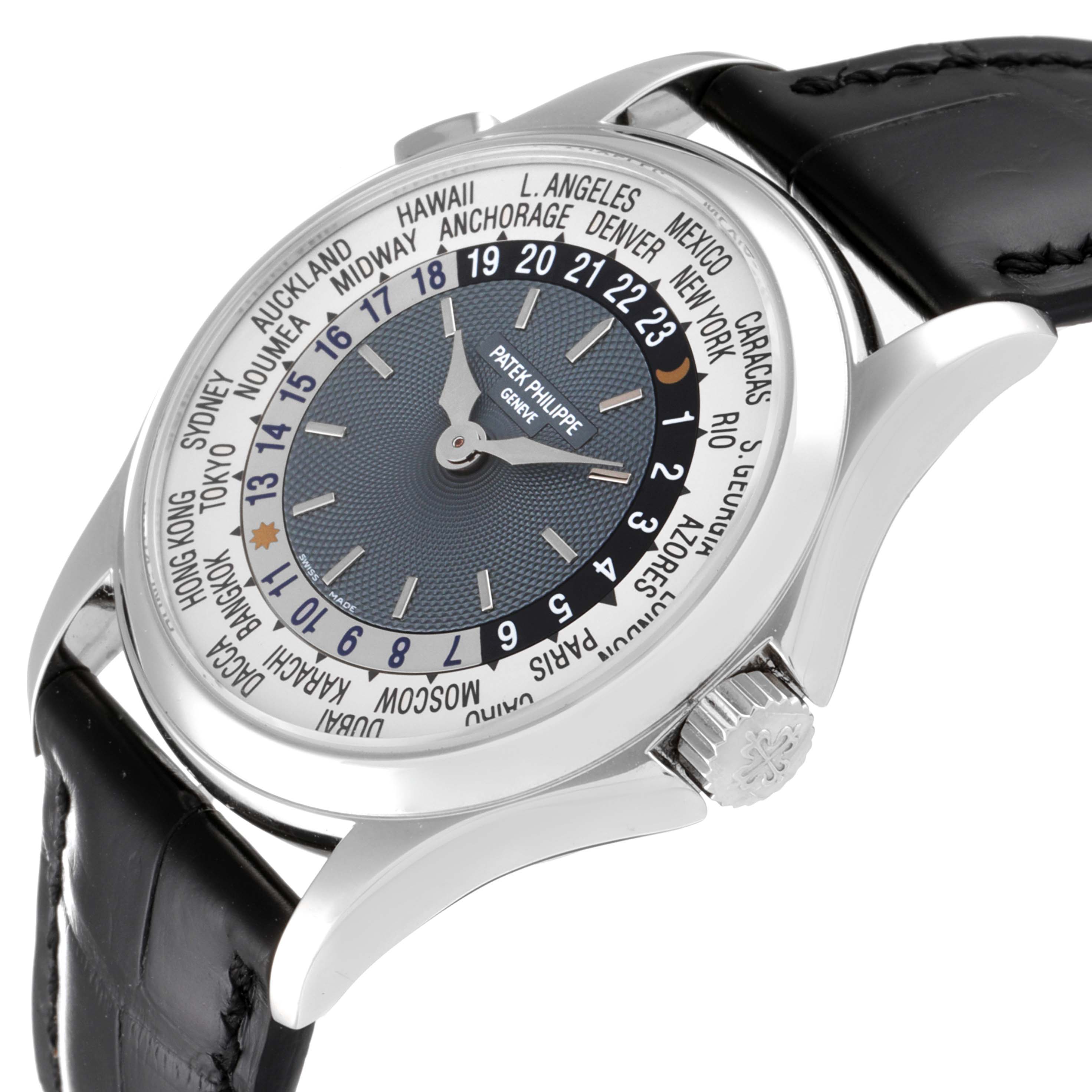 The image shows a Patek Philippe Complications 5110P Men's Platinum Silver Dial 5110P Men's Platinum Silver Dial watch at an angled close-up, displaying the face, crown, and part of the black leather strap.