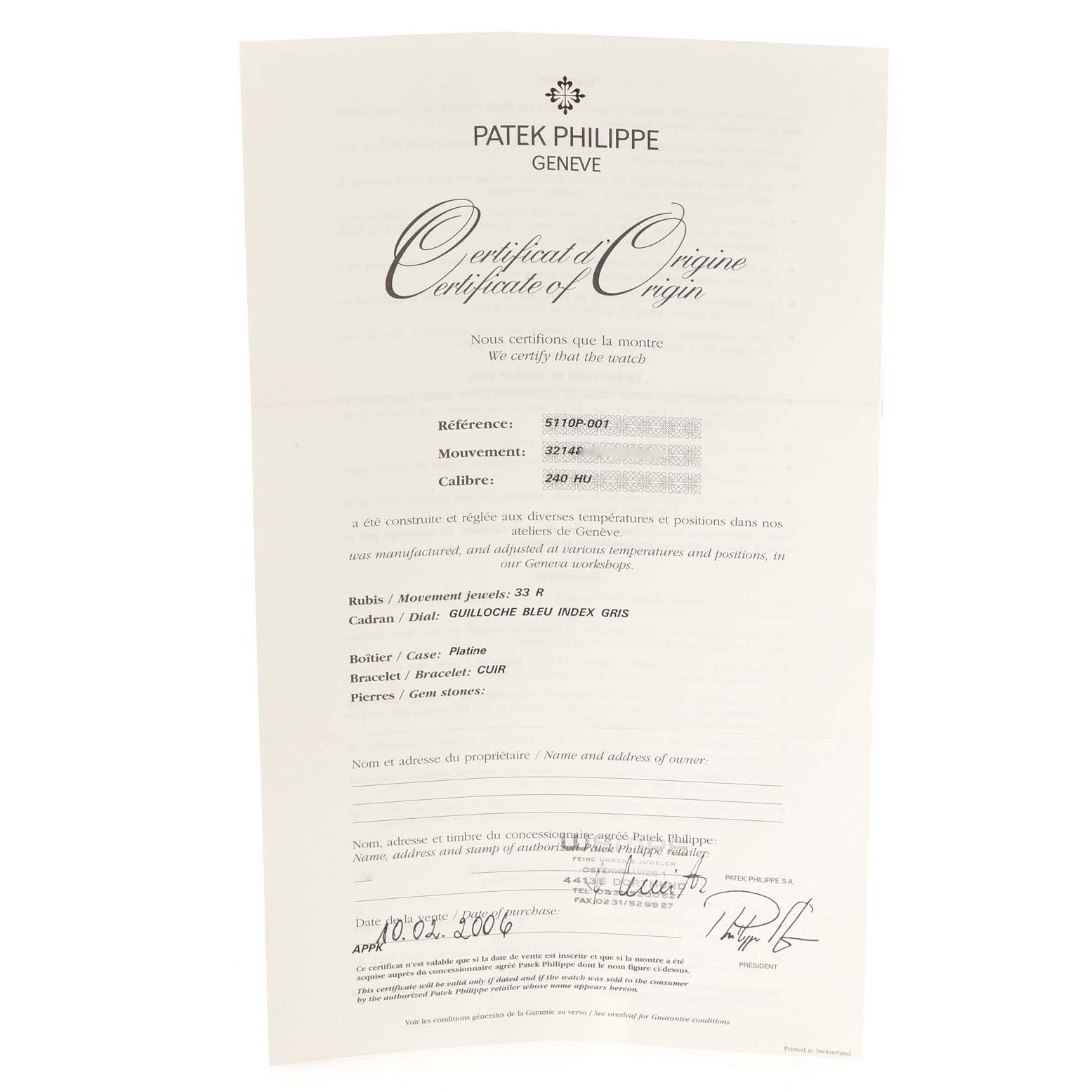 This image shows the Certificate of Origin for a Patek Philippe Complications 5110P Men's Platinum Silver Dial 5110P Men's Platinum Silver Dial model watch.