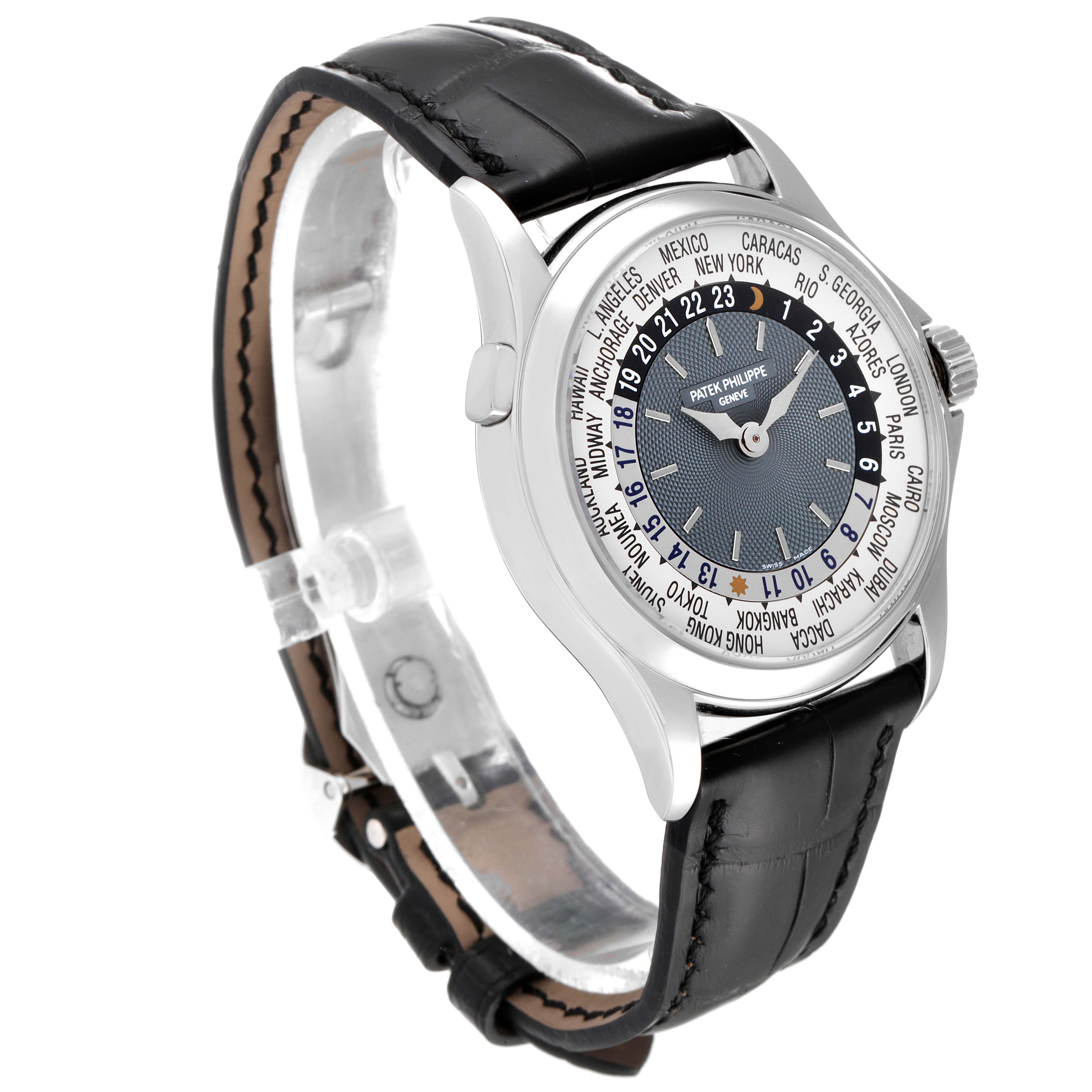 The angled view of this Patek Philippe Complications 5110P Men's Platinum Silver Dial 5110P Men's Platinum Silver Dial model watch shows the face, bezel, crown, and black leather strap.