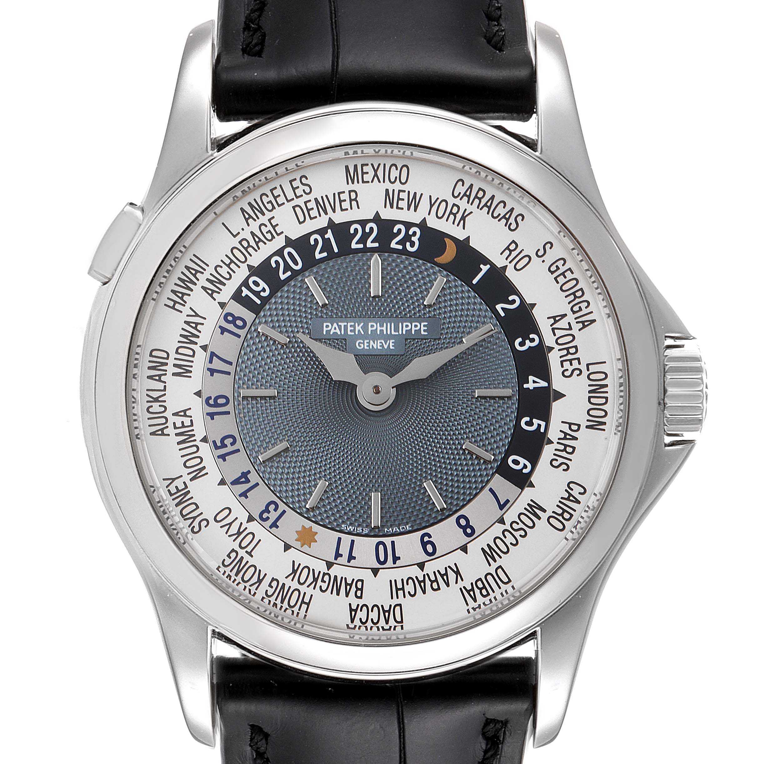 The image shows a front view of the Patek Philippe Complications 5110P Men's Platinum Silver Dial 5110P Men's Platinum Silver Dial model, displaying the dial, bezel, and leather strap.