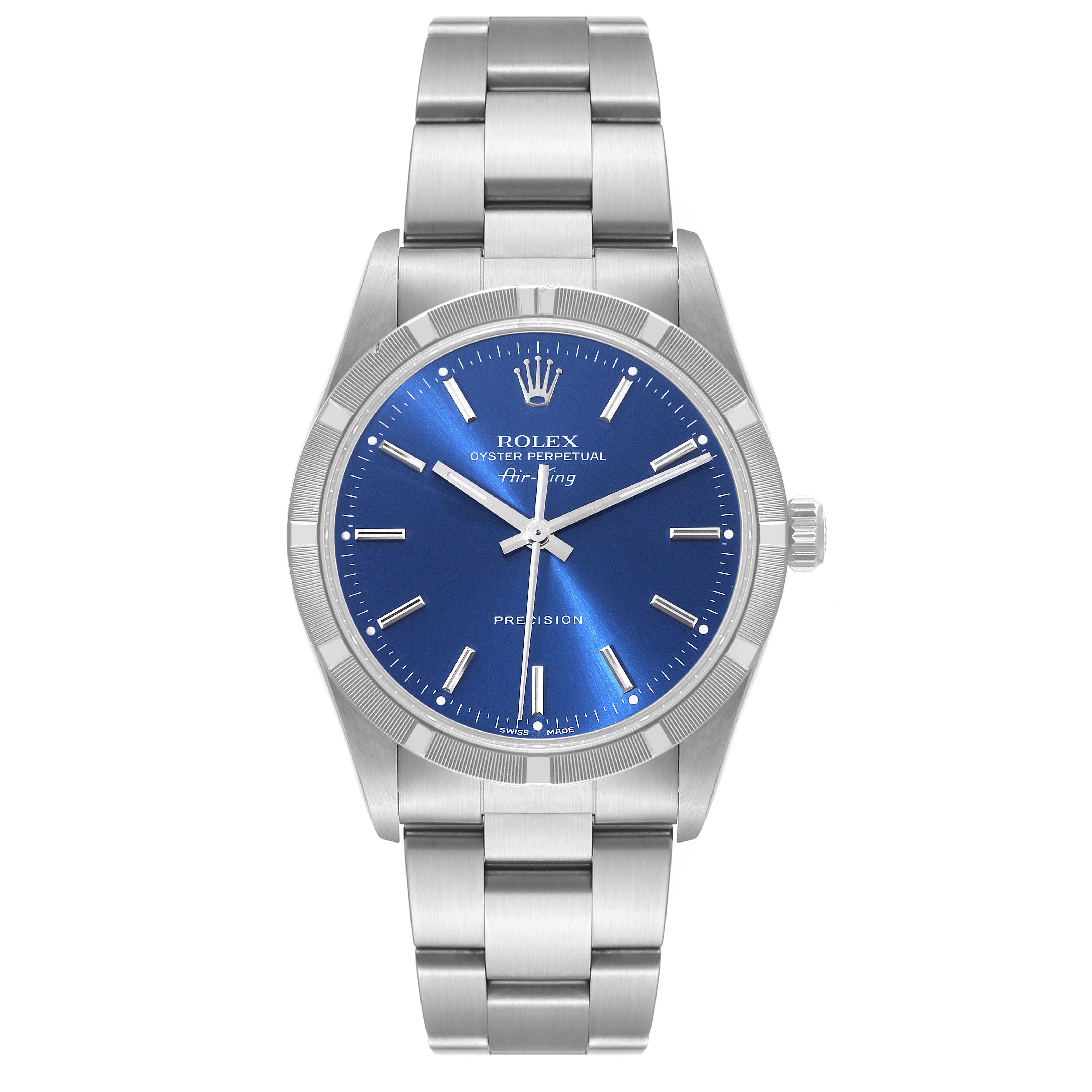 The image shows a front view of a Rolex Air-King 14010 Men's Stainless Steel Blue Dial 14010 Men's Stainless Steel Blue Dial watch displaying its dial, bezel, and bracelet.