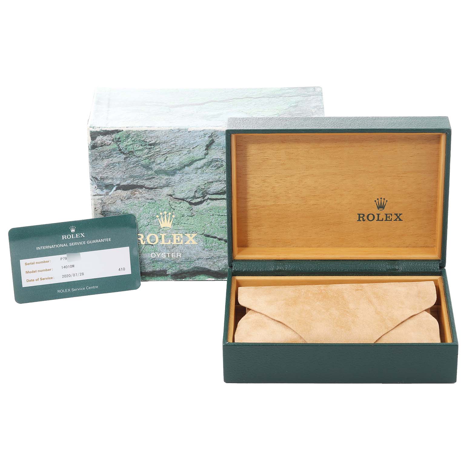 The image shows the packaging and international service guarantee card for a Rolex Air-King 14010 Men's Stainless Steel Blue Dial 14010 Men's Stainless Steel Blue Dial watch, with an open wooden box and outer sleeve.