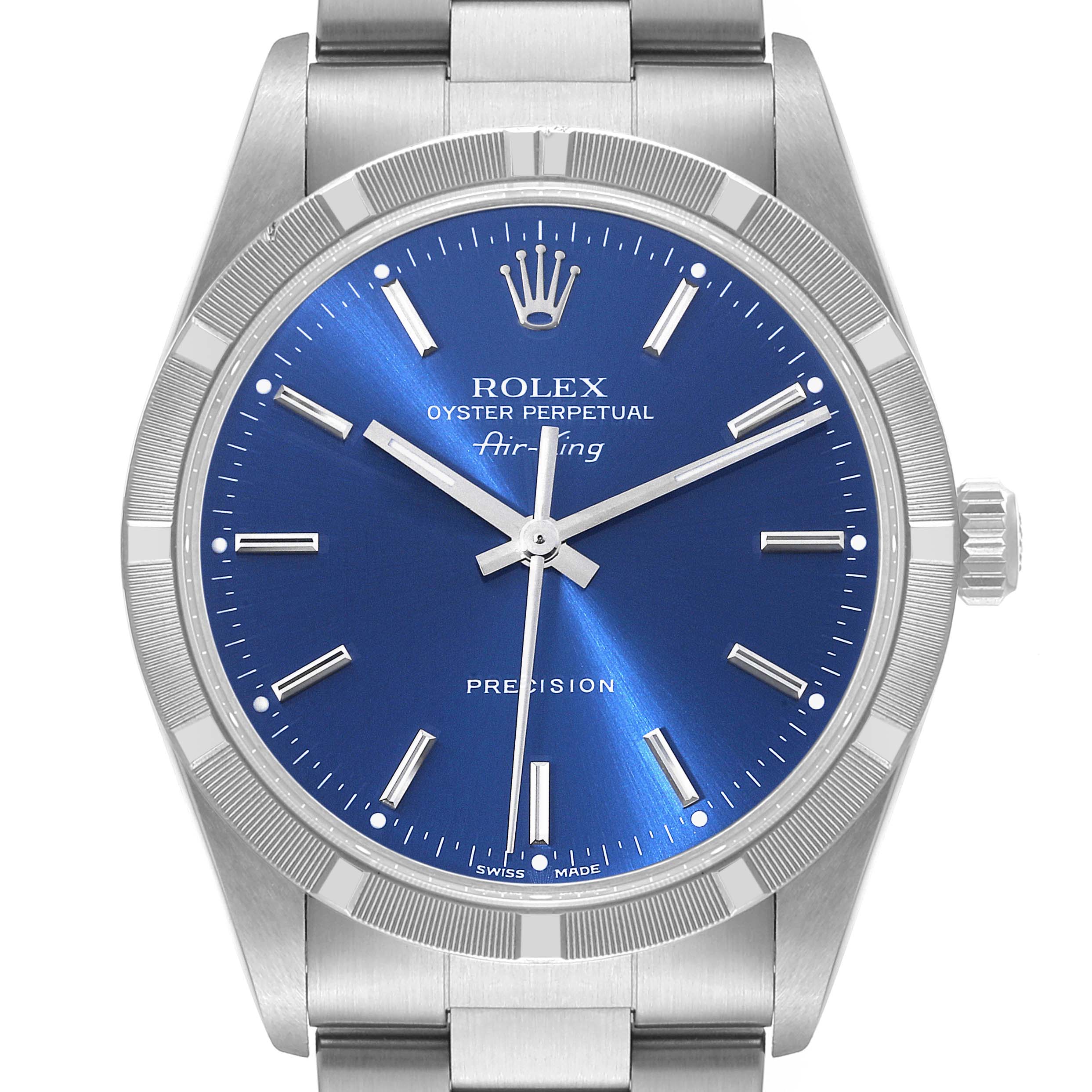 The Rolex Air-King 14010 Men's Stainless Steel Blue Dial 14010 Men's Stainless Steel Blue Dial watch is shown from the front, displaying its blue dial, hour markers, hands, and crown.
