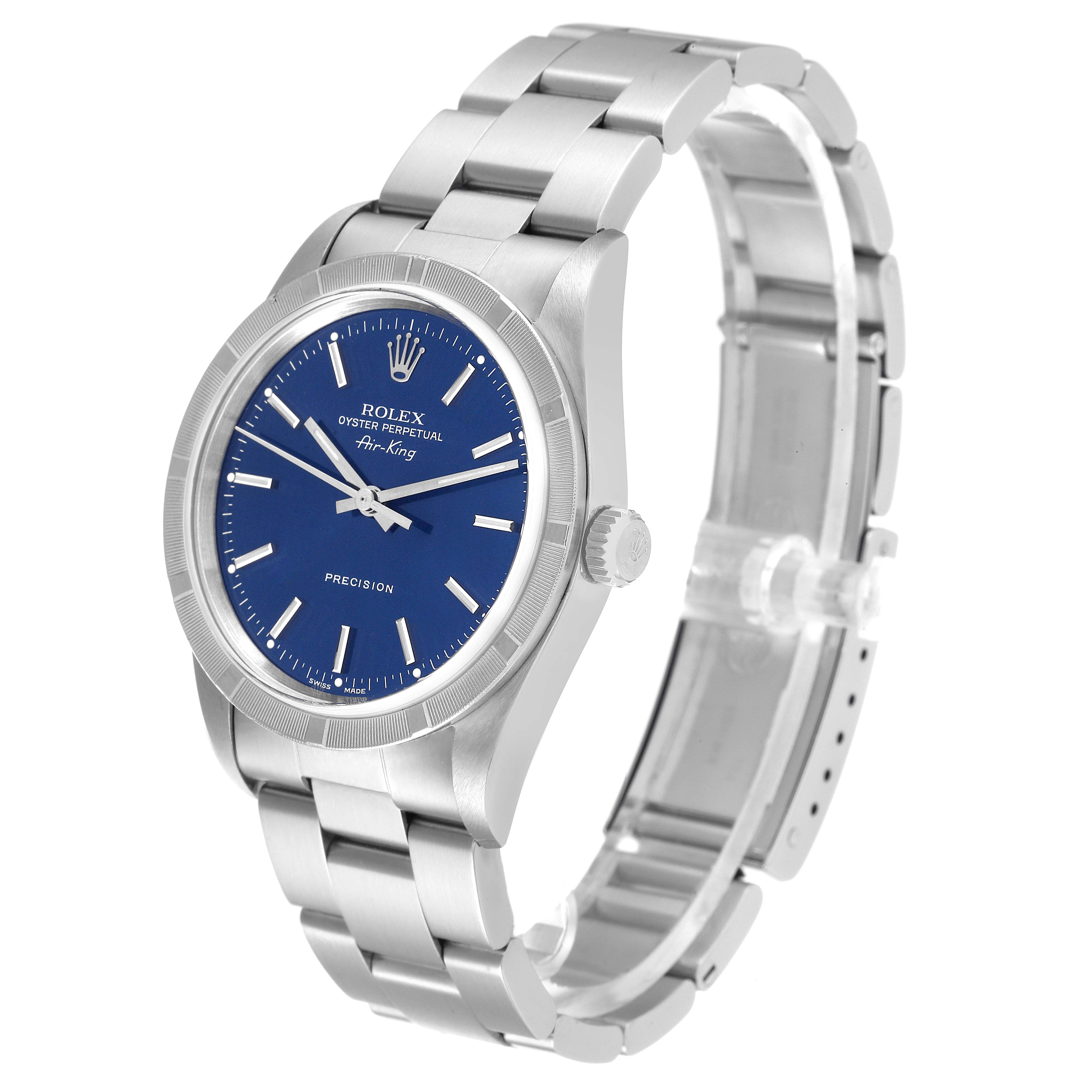 The Rolex Air-King 14010 Men's Stainless Steel Blue Dial 14010 Men's Stainless Steel Blue Dial watch is shown at an angle highlighting the face, bezel, crown, and bracelet.