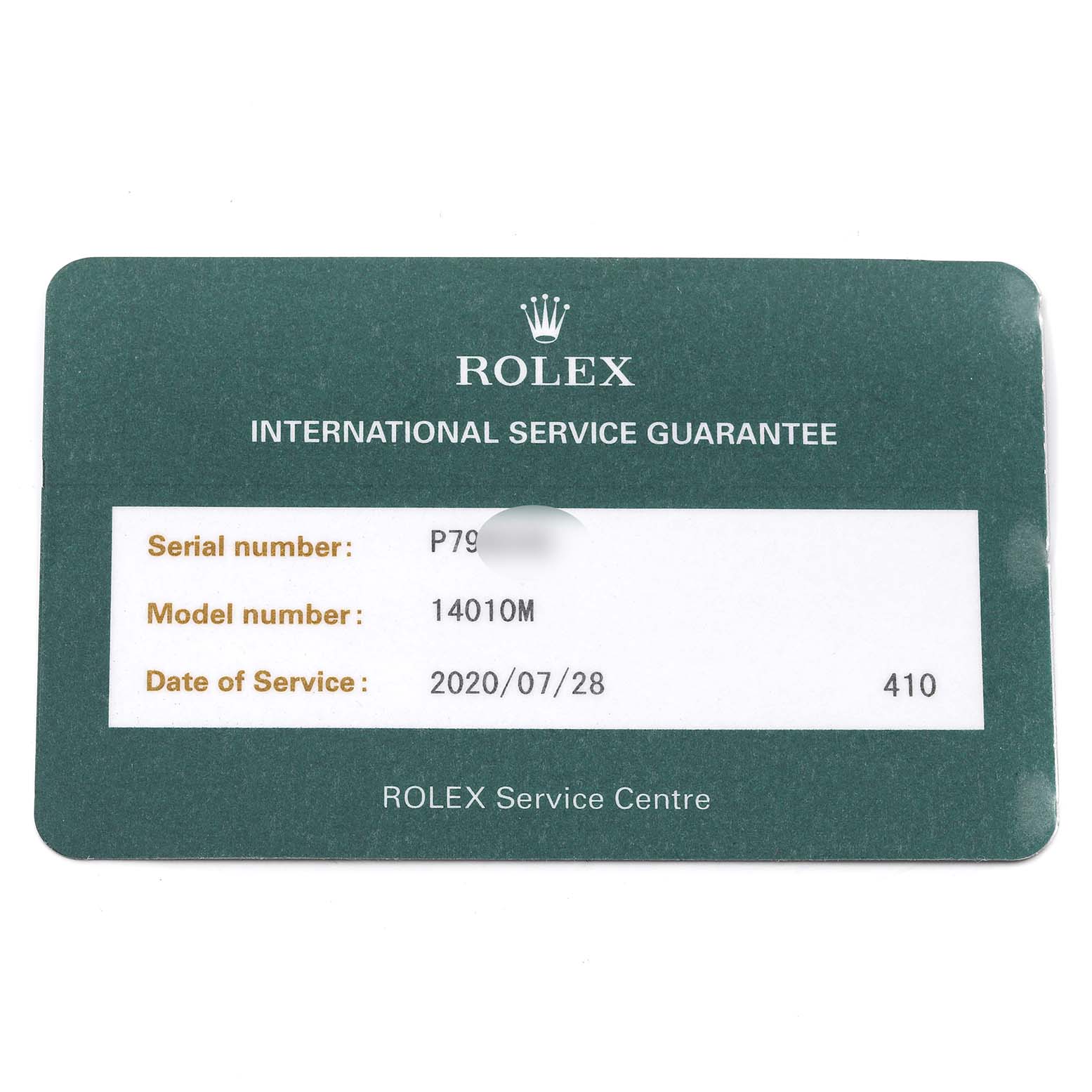 This image shows an International Service Guarantee card for a Rolex Air-King 14010 Men's Stainless Steel Blue Dial 14010 Men's Stainless Steel Blue Dial model.