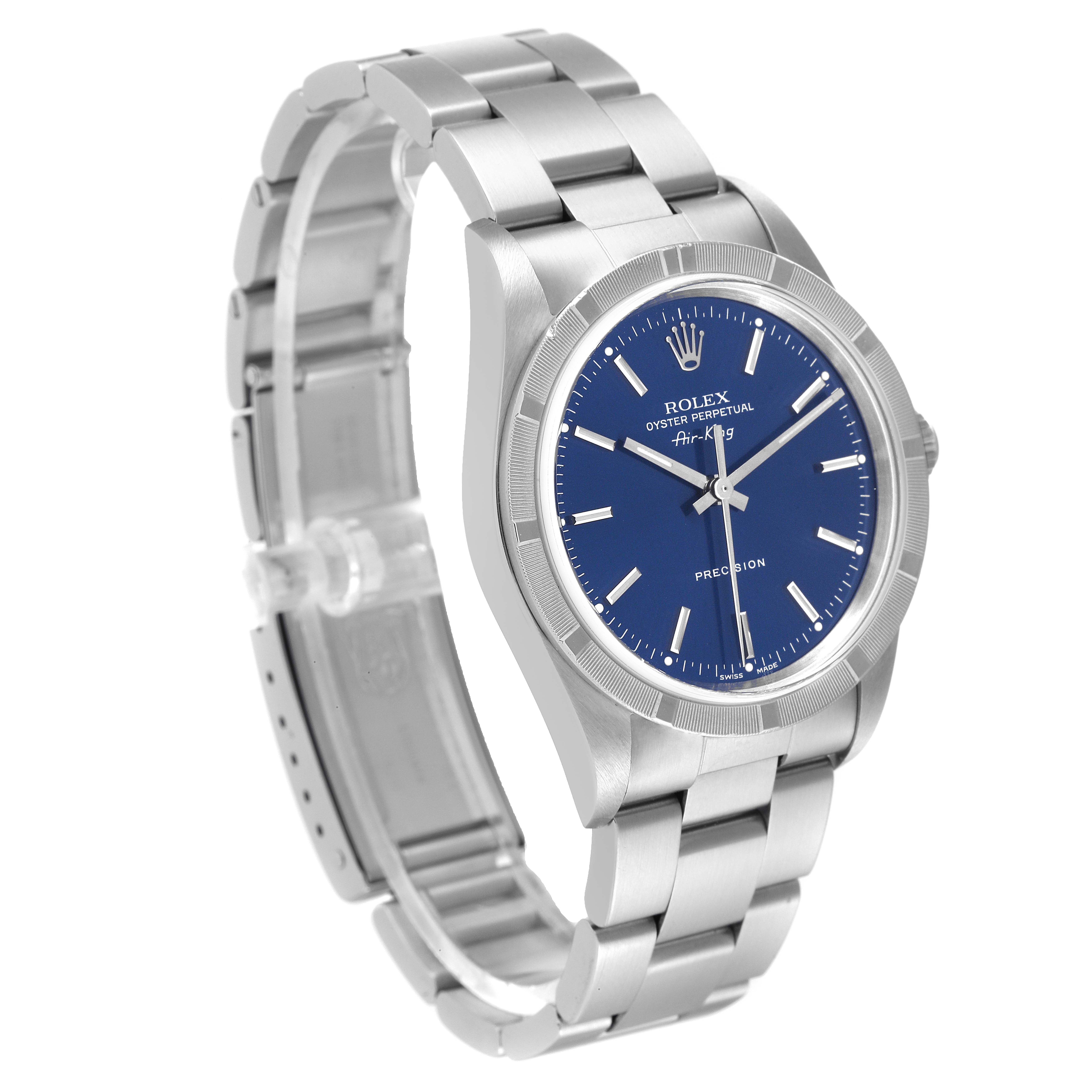 The image shows a side angle of a Rolex Air-King 14010 Men's Stainless Steel Blue Dial 14010 Men's Stainless Steel Blue Dial watch, highlighting its dial, case, and bracelet.
