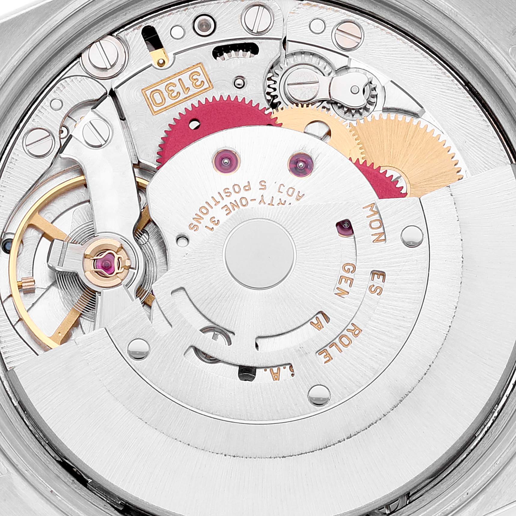 This image shows the intricate internal mechanism of the Rolex Air-King 14010 Men's Stainless Steel Blue Dial 14010 Men's Stainless Steel Blue Dial watch from a close-up, top-down angle.