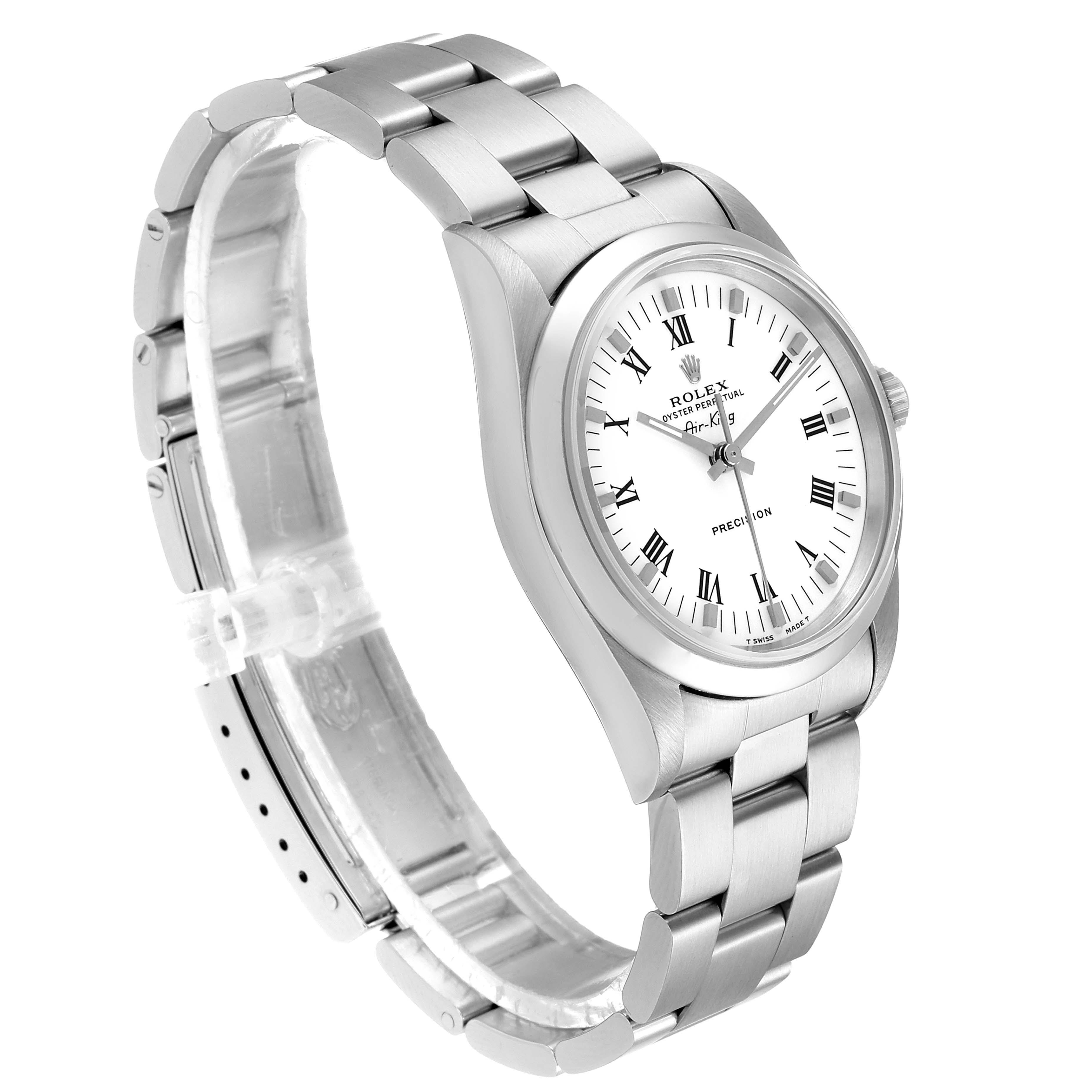 The image shows a side angle of the Rolex Air-King 14000 Men's Stainless Steel White Dial 14000 Men's Stainless Steel White Dial watch, highlighting the watch face, bracelet, and clasp.