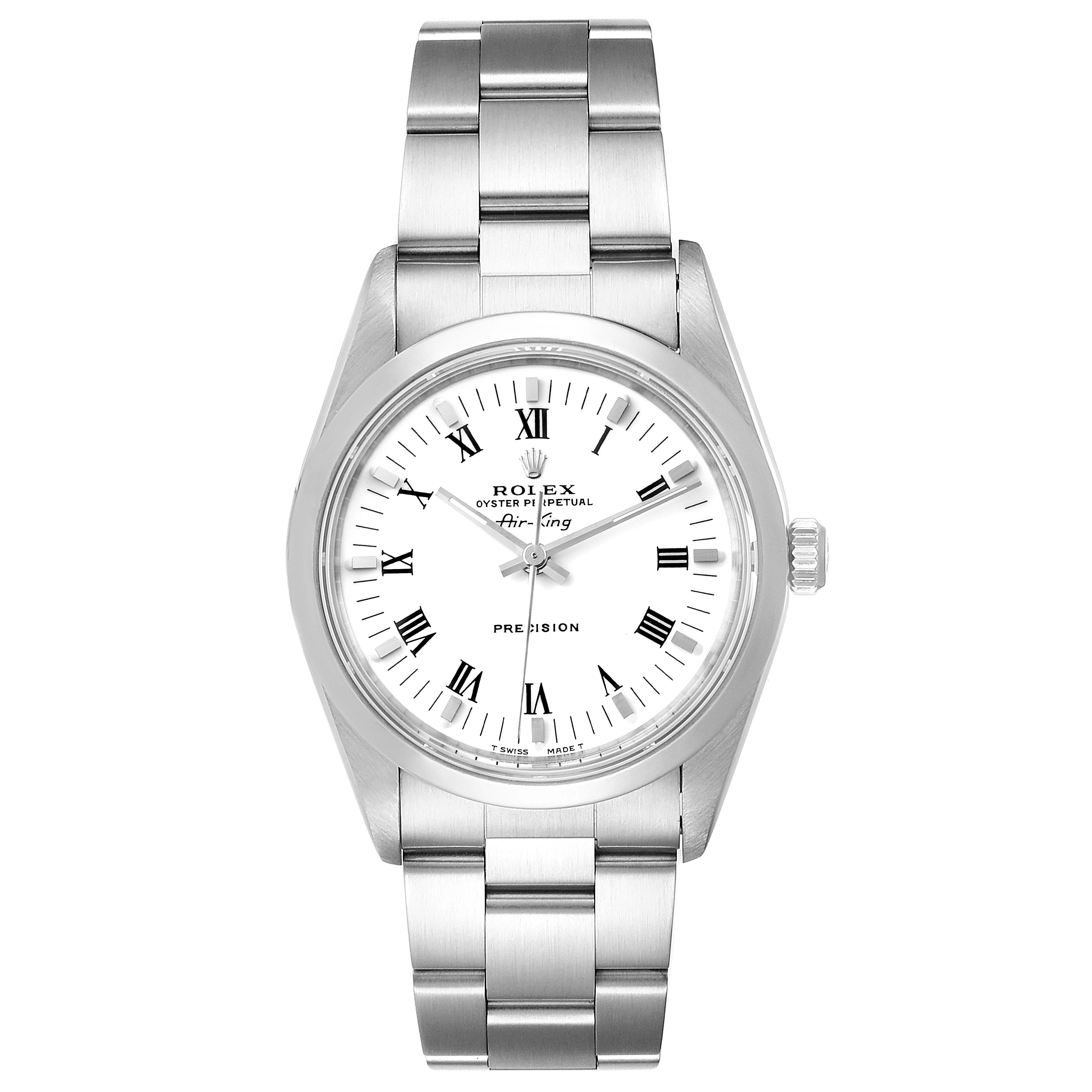 The image shows a front view of a Rolex Air-King 14000 Men's Stainless Steel White Dial 14000 Men's Stainless Steel White Dial watch, displaying the white dial, Roman numerals, and stainless steel bracelet.