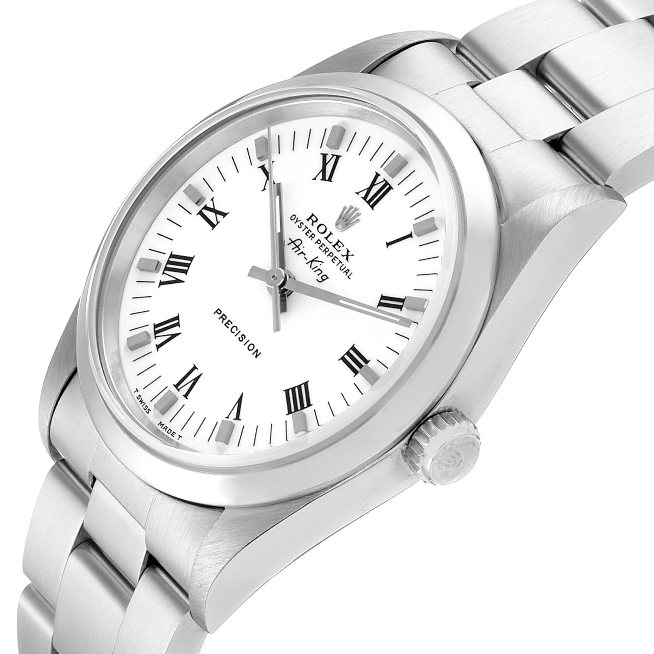 The image shows a Rolex Air-King 14000 Men's Stainless Steel White Dial 14000 Men's Stainless Steel White Dial watch viewed from a slight angle to the upper-left, displaying the dial, crown, and partial bracelet.