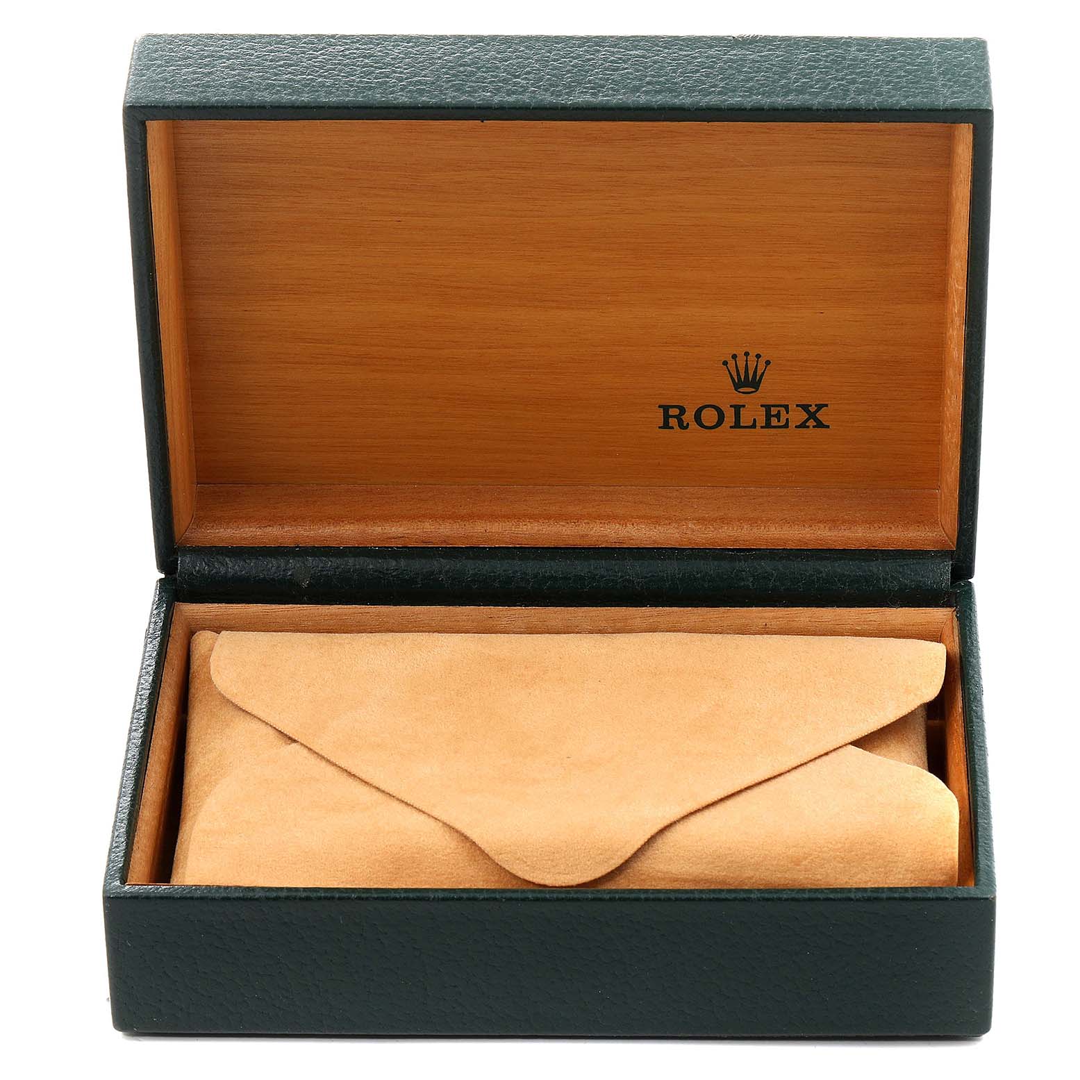 This image shows an open Rolex watch box for the Air-King model with a tan pouch inside.