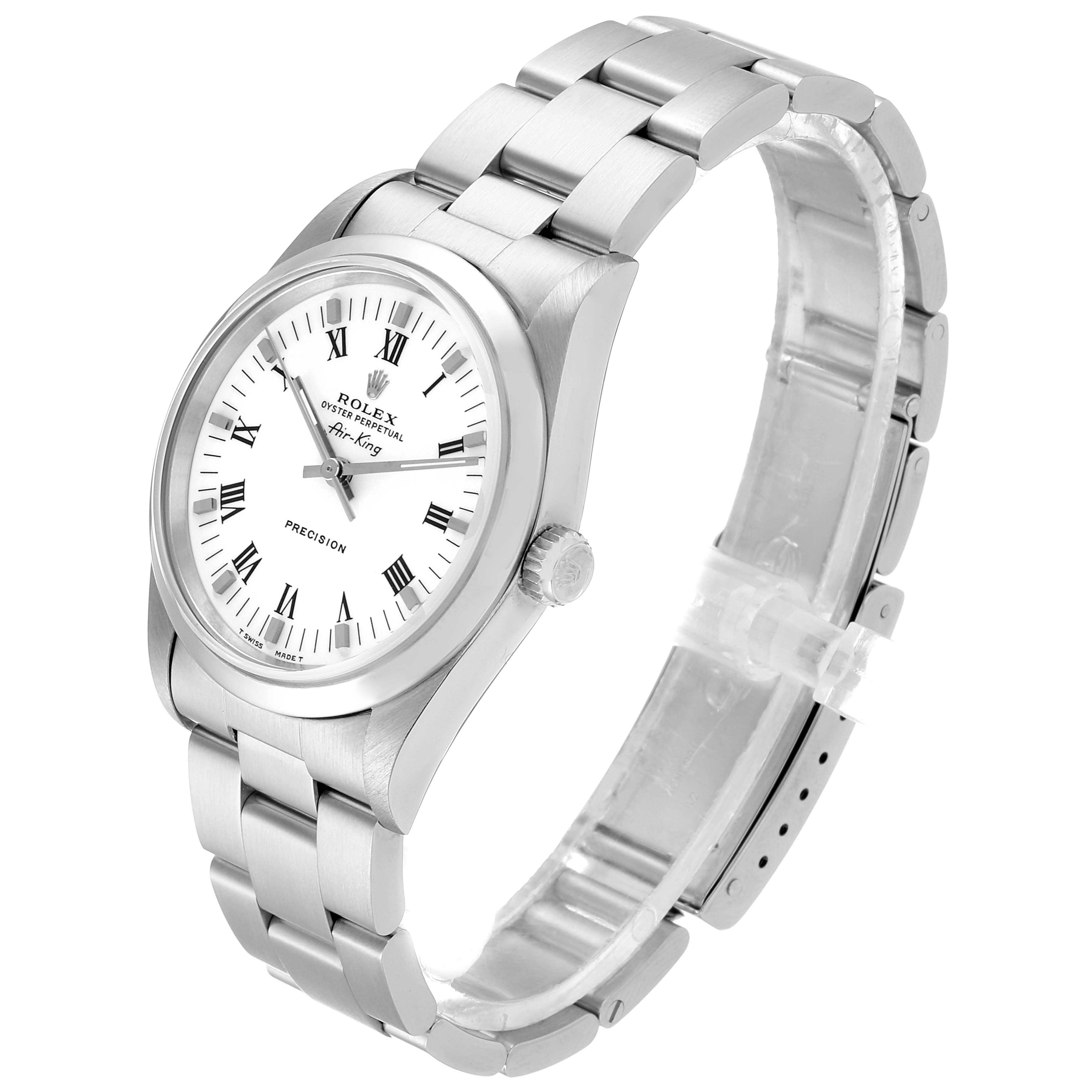 The Rolex Air-King 14000 Men's Stainless Steel White Dial 14000 Men's Stainless Steel White Dial watch is shown at a slight front-side angle, displaying its face, bracelet, and crown.