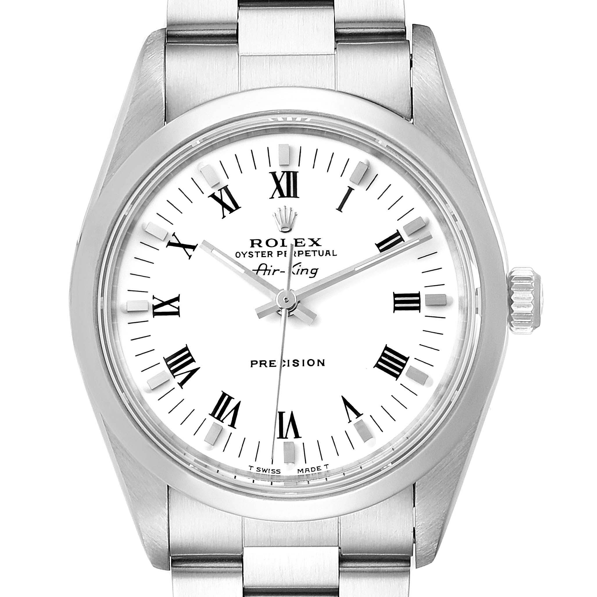 This is a frontal view of the Rolex Air-King 14000 Men's Stainless Steel White Dial 14000 Men's Stainless Steel White Dial watch showcasing its dial, hands, and crown.