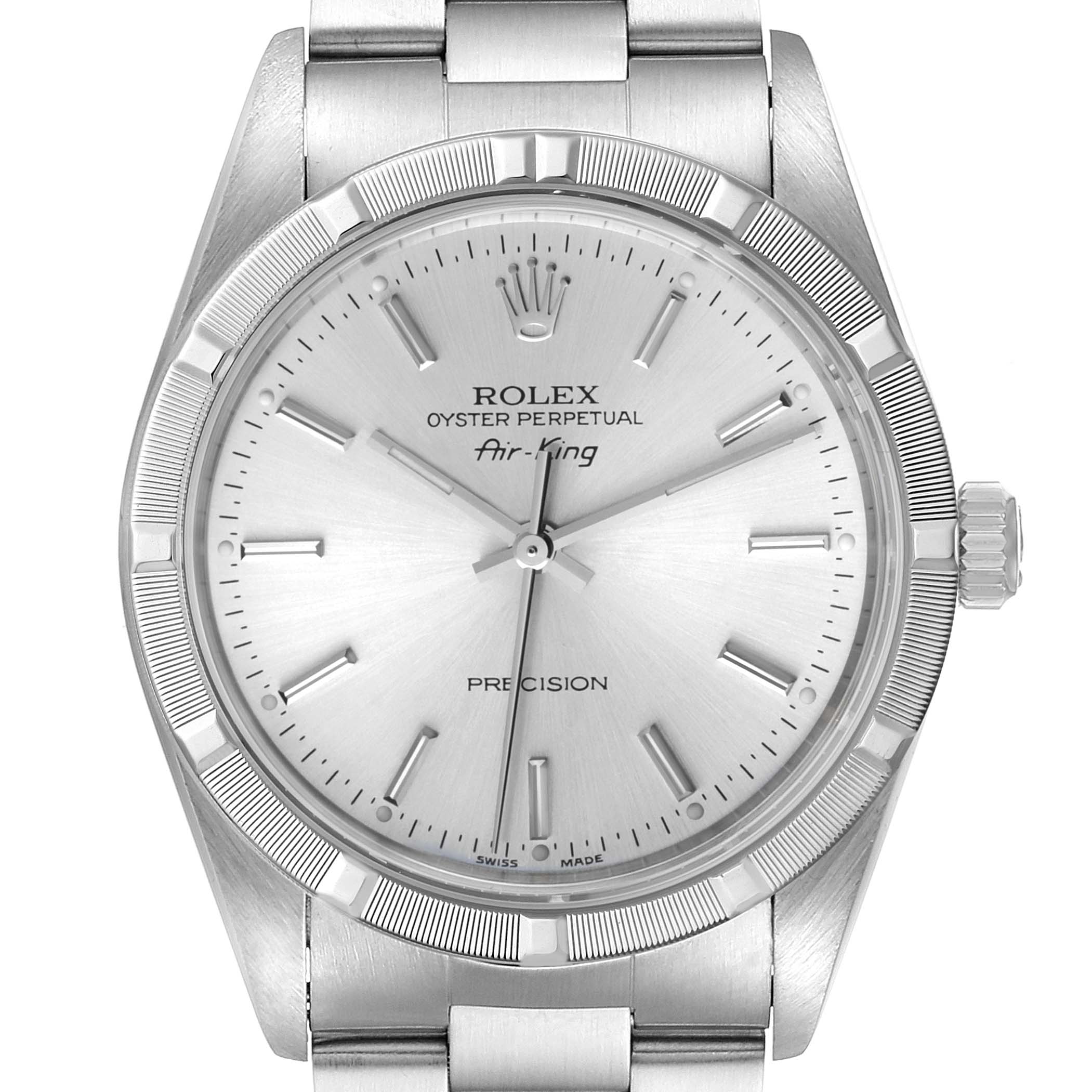 The Rolex Air-King 14010 Men's Stainless Steel Silver Dial 14010 Men's Stainless Steel Silver Dial watch is shown from a front angle, featuring the dial, bezel, crown, and part of the metal bracelet.
