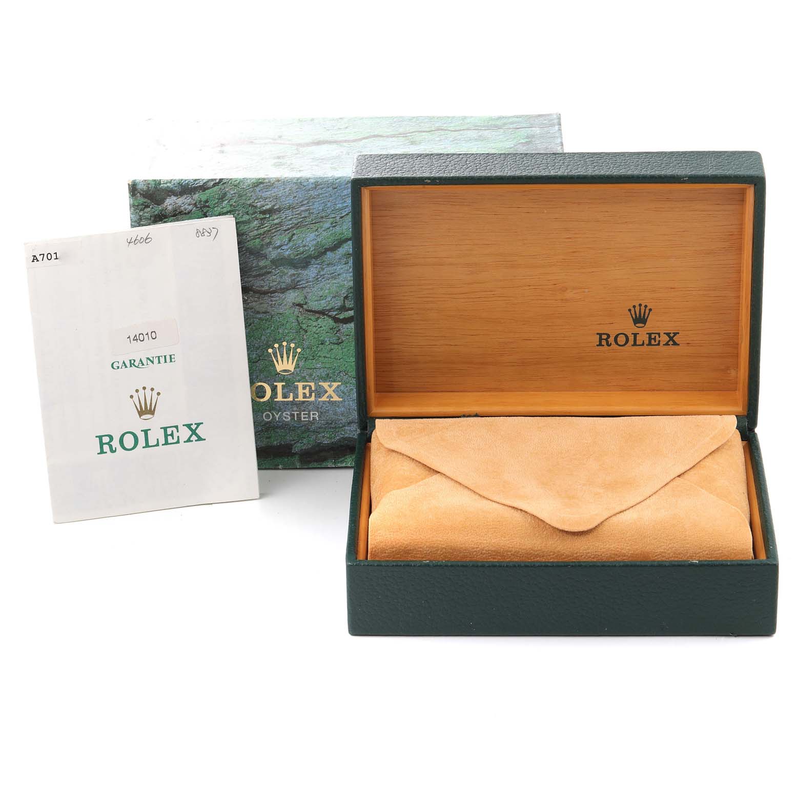The image shows the packaging for a Rolex Air-King 14010 Men's Stainless Steel Silver Dial 14010 Men's Stainless Steel Silver Dial model, including the box, outer cover, and certificate.