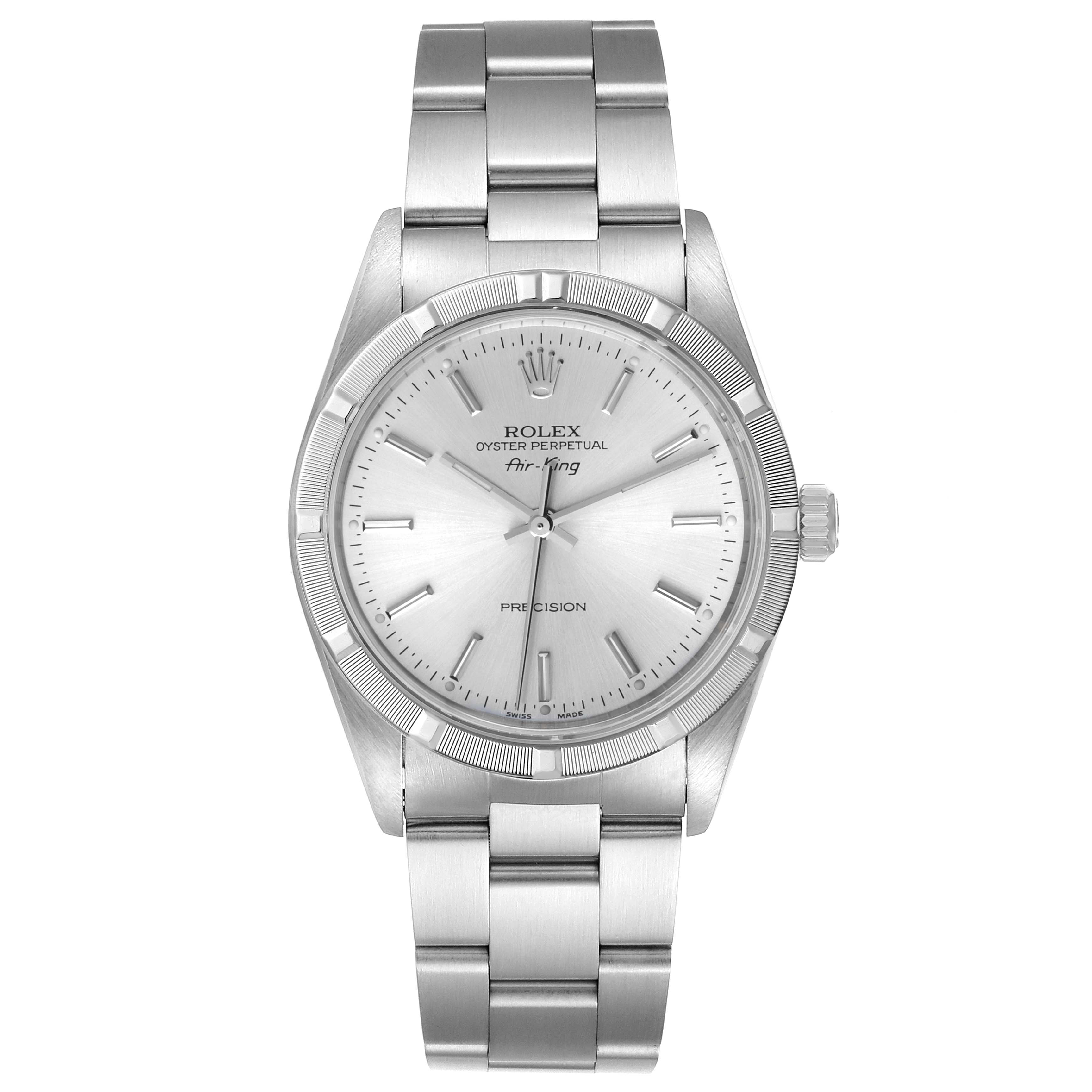 The image shows a frontal view of the Rolex Air-King 14010 Men's Stainless Steel Silver Dial 14010 Men's Stainless Steel Silver Dial watch, highlighting its dial, bezel, and bracelet.