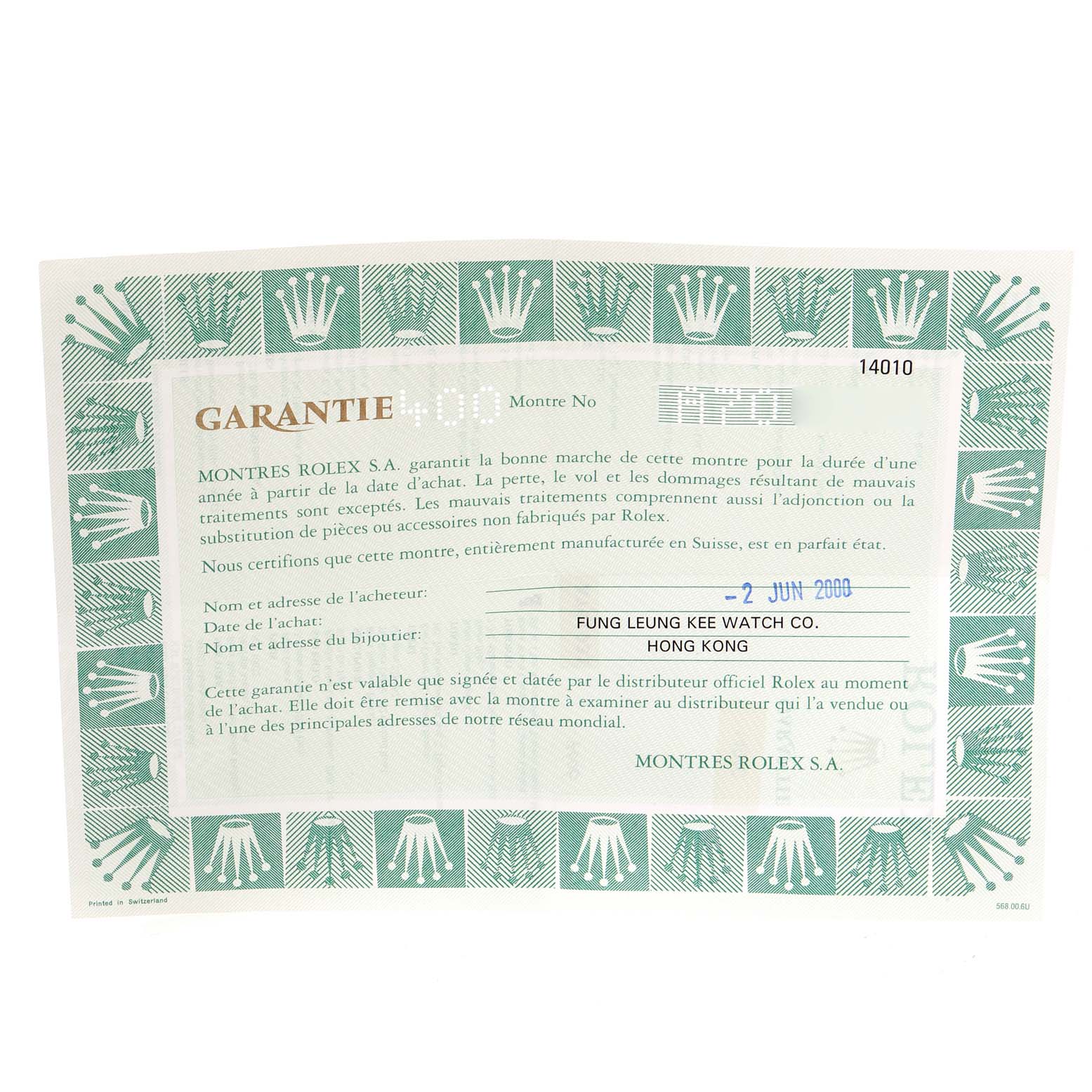 The image shows a guarantee certificate for the Rolex Air-King 14010 Men's Stainless Steel Silver Dial 14010 Men's Stainless Steel Silver Dial watch, displaying warranty details and purchase information.