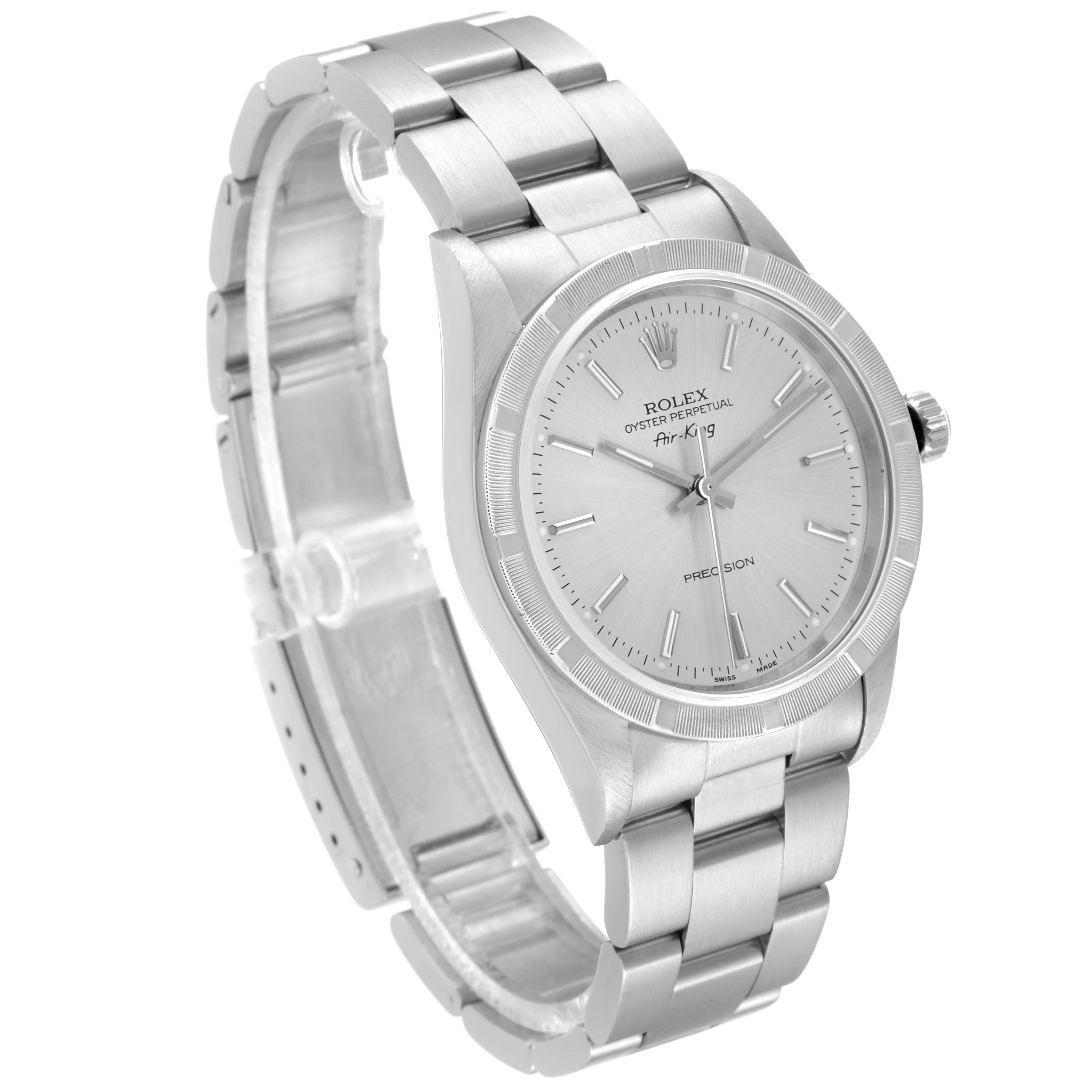 The Rolex Air-King 14010 Men's Stainless Steel Silver Dial 14010 Men's Stainless Steel Silver Dial watch is shown at a slight angle, highlighting the face, crown, and bracelet.