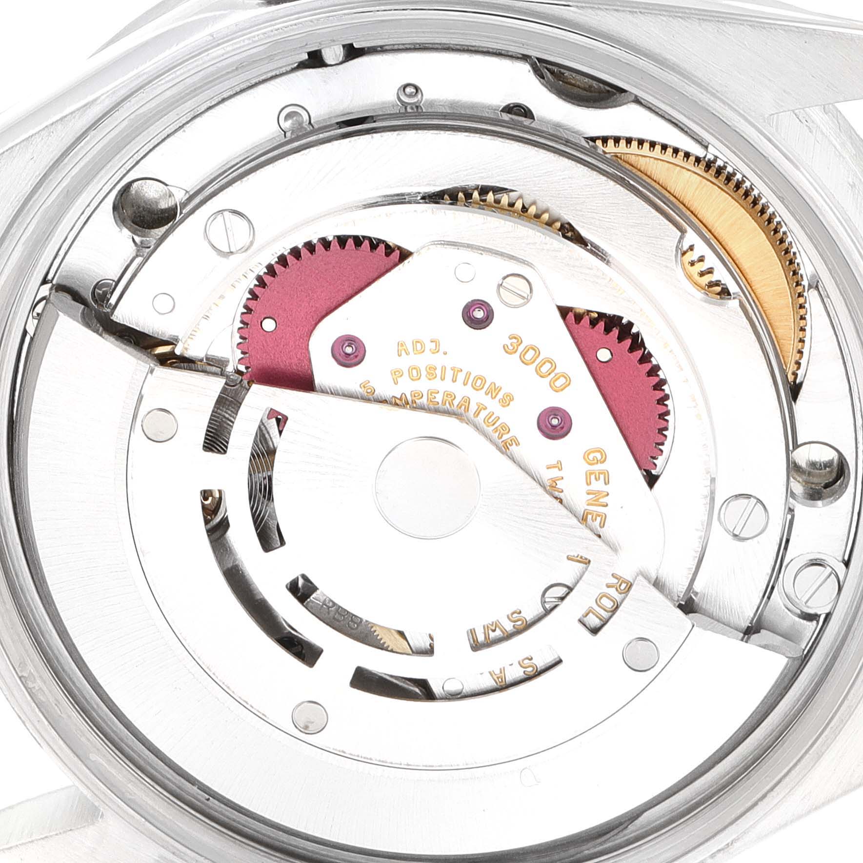 This image shows a close-up of the internal movement of a Rolex Air-King 14010 Men's Stainless Steel Silver Dial 14010 Men's Stainless Steel Silver Dial watch.