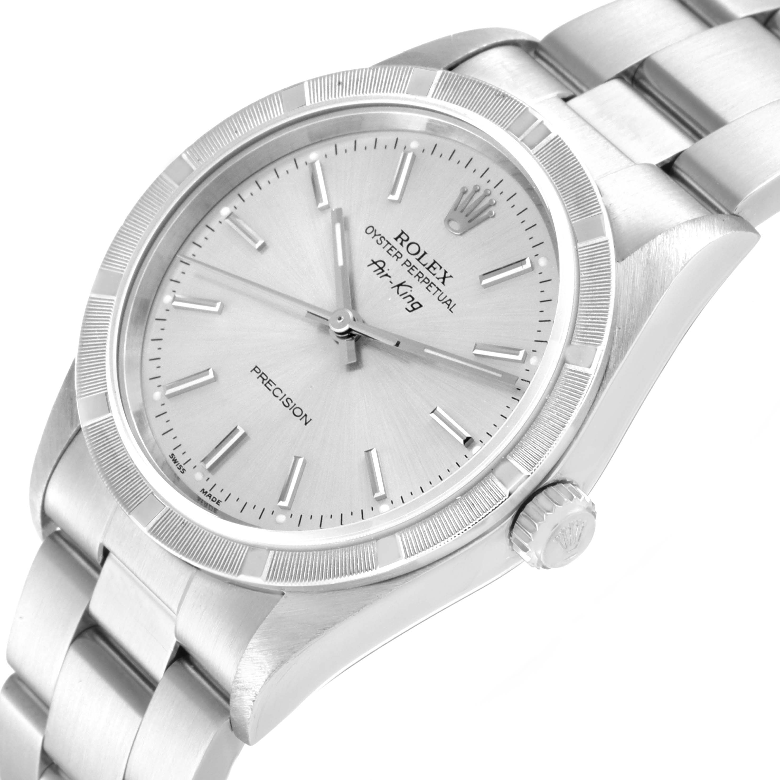 The image shows a close-up angled view of the face and band of the Rolex Air-King 14010 Men's Stainless Steel Silver Dial 14010 Men's Stainless Steel Silver Dial watch.