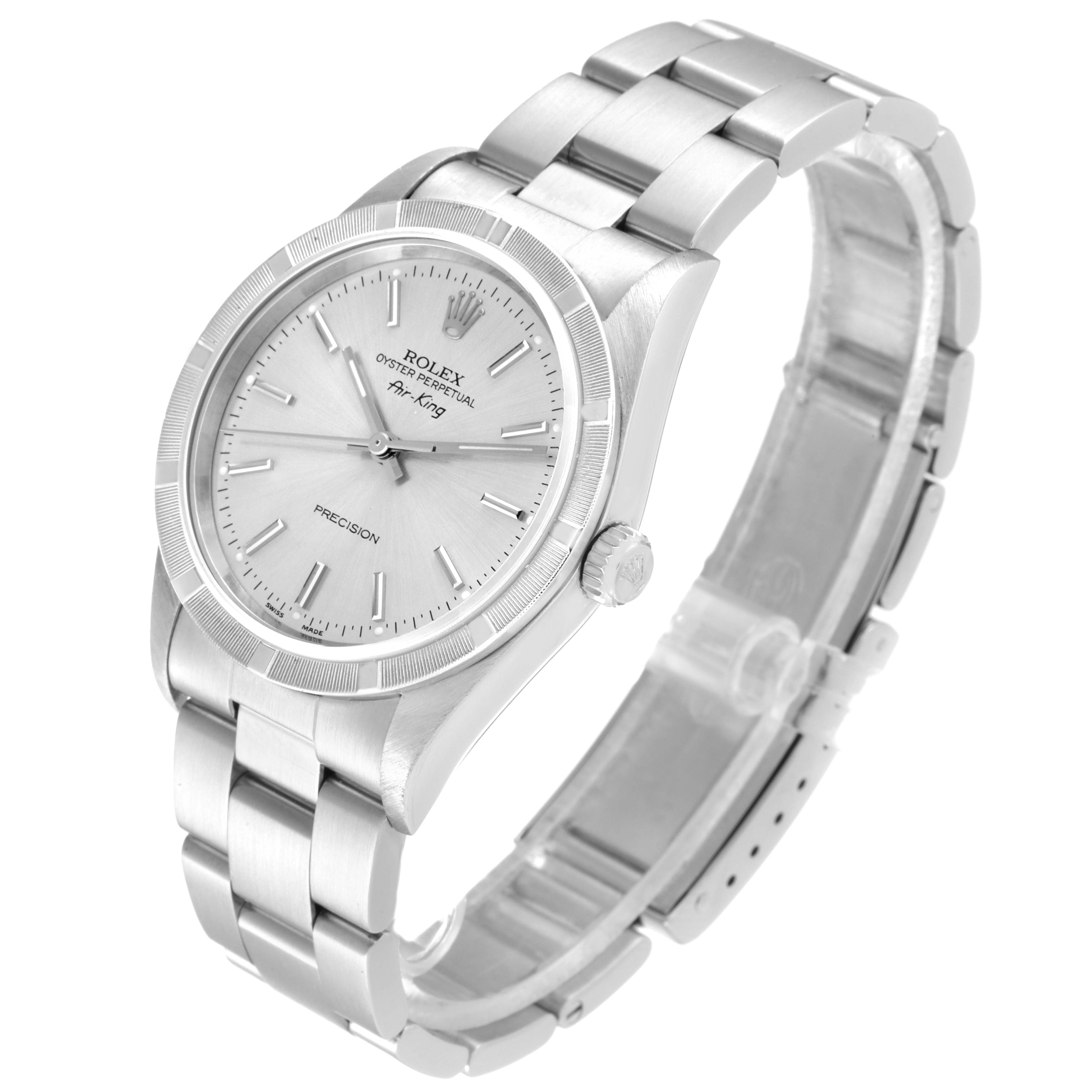 This image shows a Rolex Air-King 14010 Men's Stainless Steel Silver Dial 14010 Men's Stainless Steel Silver Dial watch, angled to display the bracelet, dial, and crown.