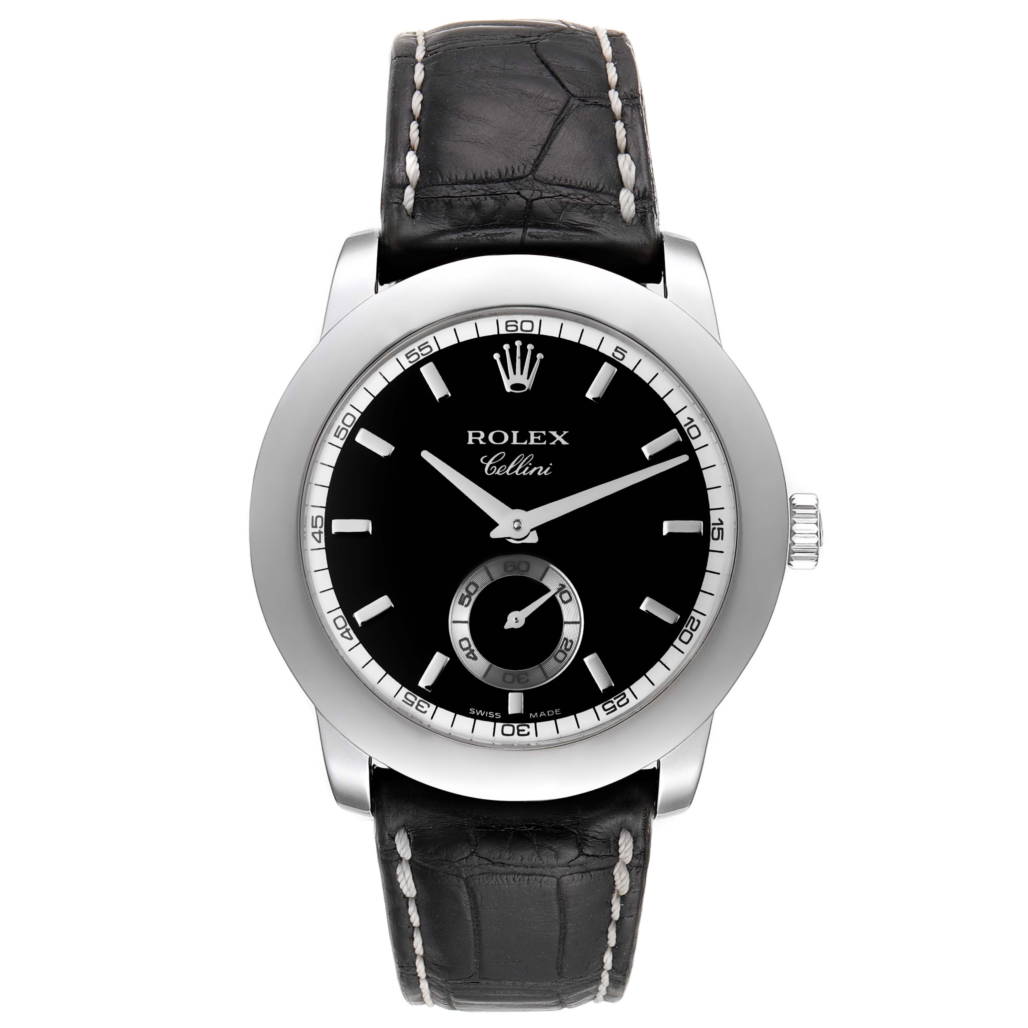 This Rolex Cellini 5240 Men
s Platinum Black Dial 5240 Men
s Platinum Black Dial watch is seen from a top-down angle, showcasing its face, bezel, crown, and leather strap.