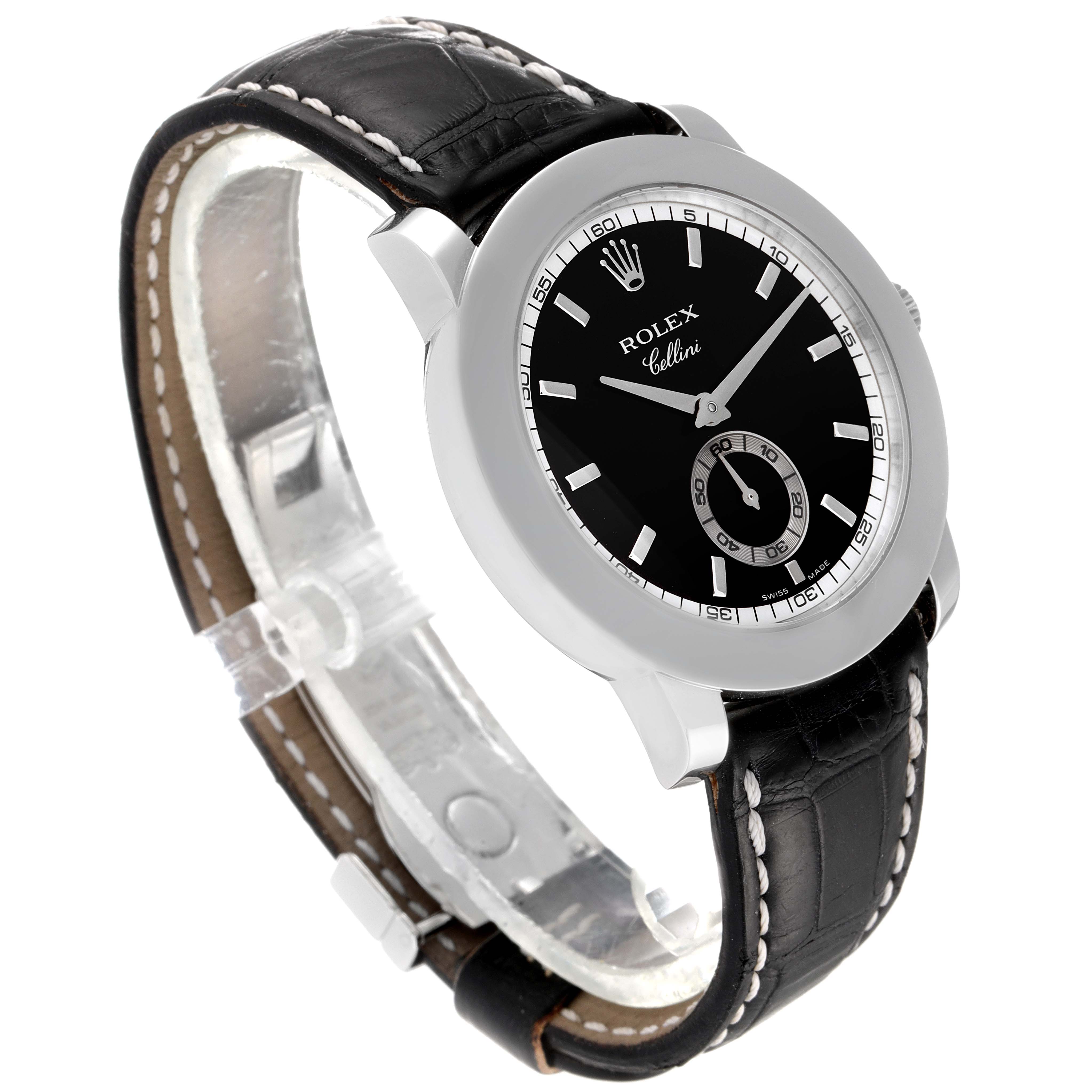 The image shows a Rolex Cellini 5240 Men
s Platinum Black Dial 5240 Men
s Platinum Black Dial watch from a three-quarter angle, displaying its black dial, silver case, and leather strap.