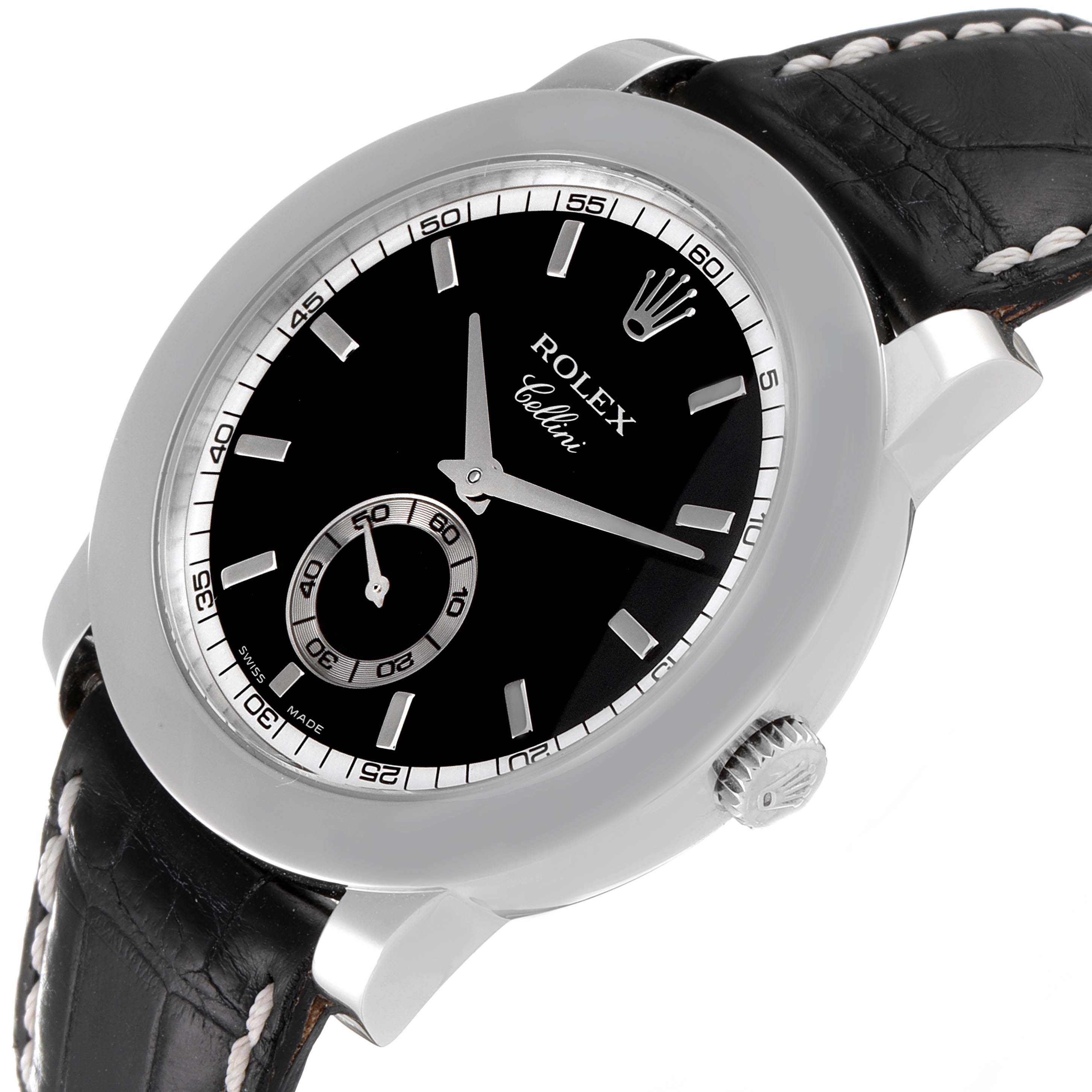 The Rolex Cellini 5240 Men
s Platinum Black Dial 5240 Men
s Platinum Black Dial watch is shown from an angled front view, highlighting its black dial, crown, and part of the leather strap.