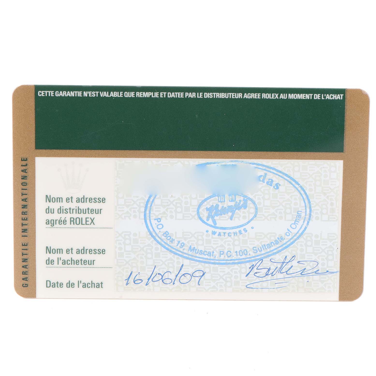 This image shows the international guarantee card for a Rolex Cellini 5240 Men
s Platinum Black Dial 5240 Men
s Platinum Black Dial watch, listing the distributor information and purchase date.