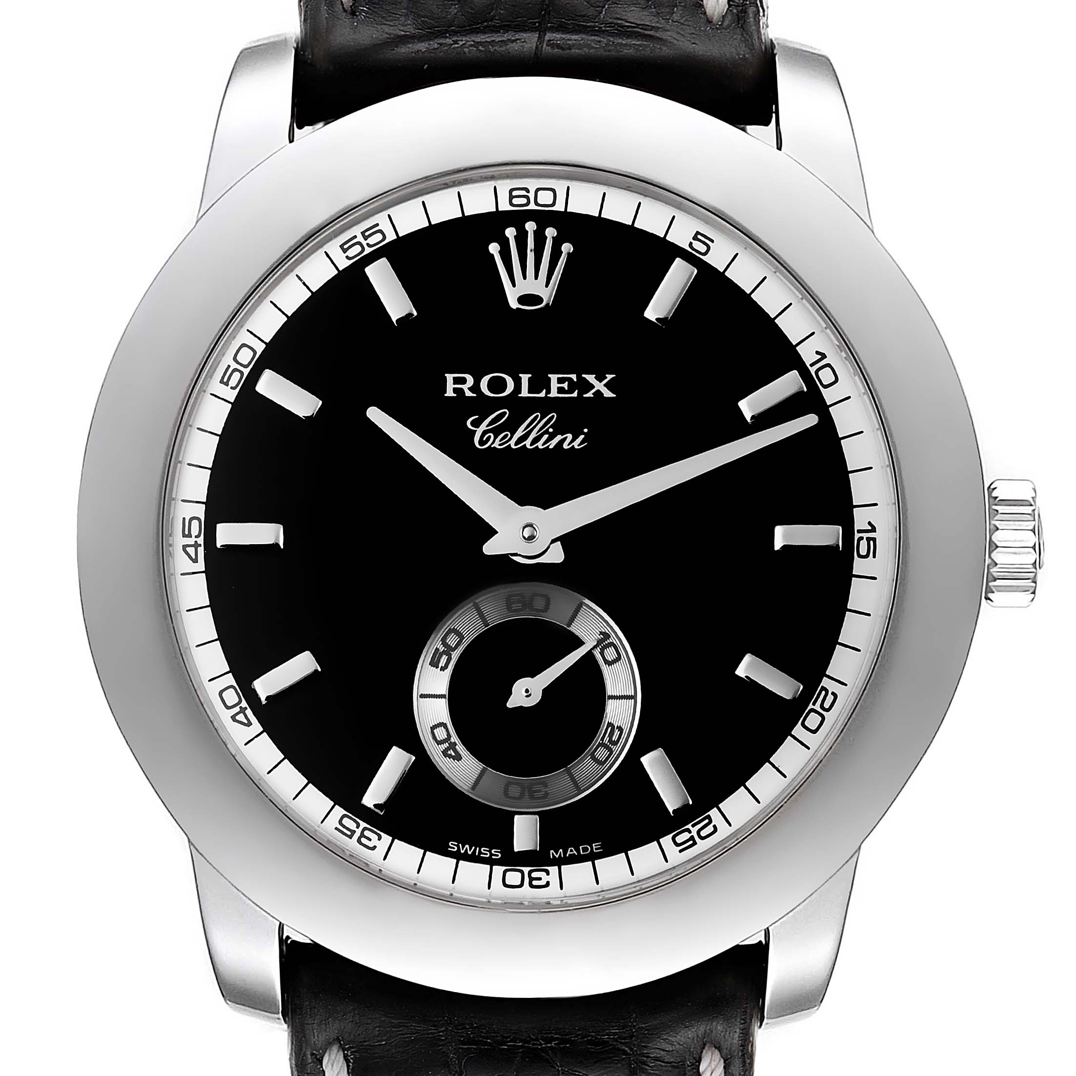 The Rolex Cellini 5240 Men
s Platinum Black Dial 5240 Men
s Platinum Black Dial watch is shown straight on, displaying its black dial, hour markers, hands, crown, and part of the leather strap.