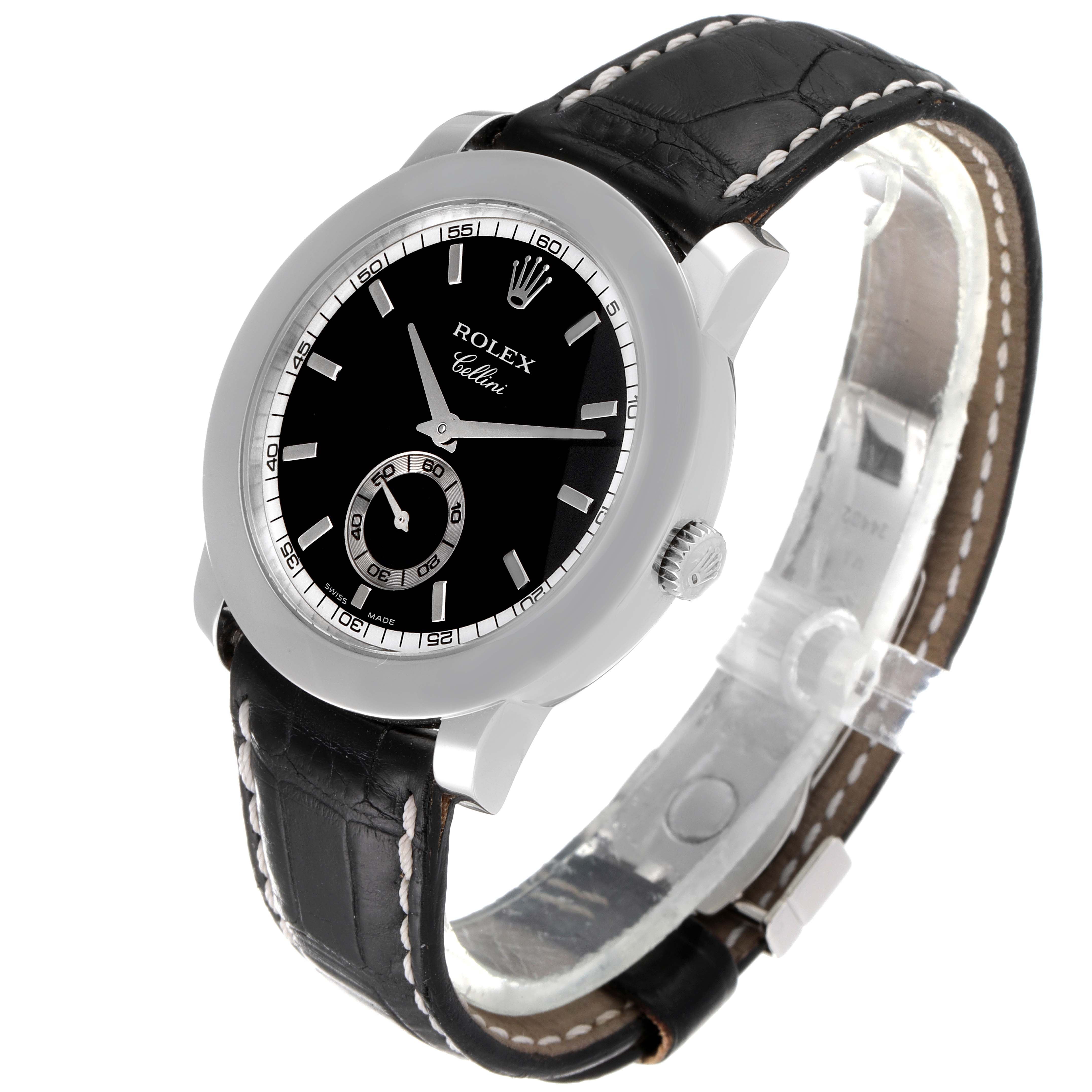 The Rolex Cellini 5240 Men
s Platinum Black Dial 5240 Men
s Platinum Black Dial watch is shown at a slight angle, featuring the dial, bezel, crown, and black leather strap.