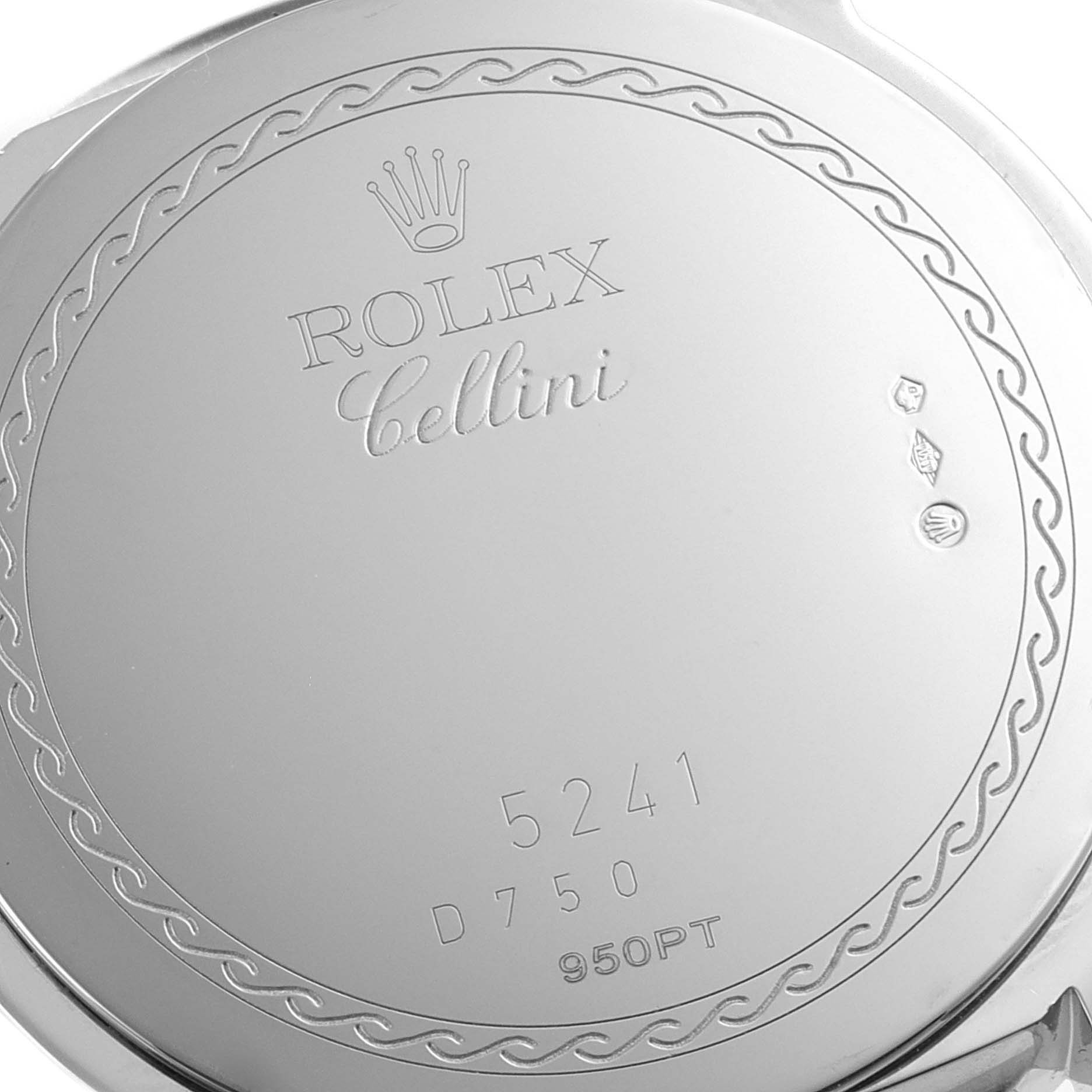 The image shows the case back of a Rolex Cellini 5240 Men
s Platinum Black Dial 5240 Men
s Platinum Black Dial model, displaying the brand name, model number, and hallmarks.