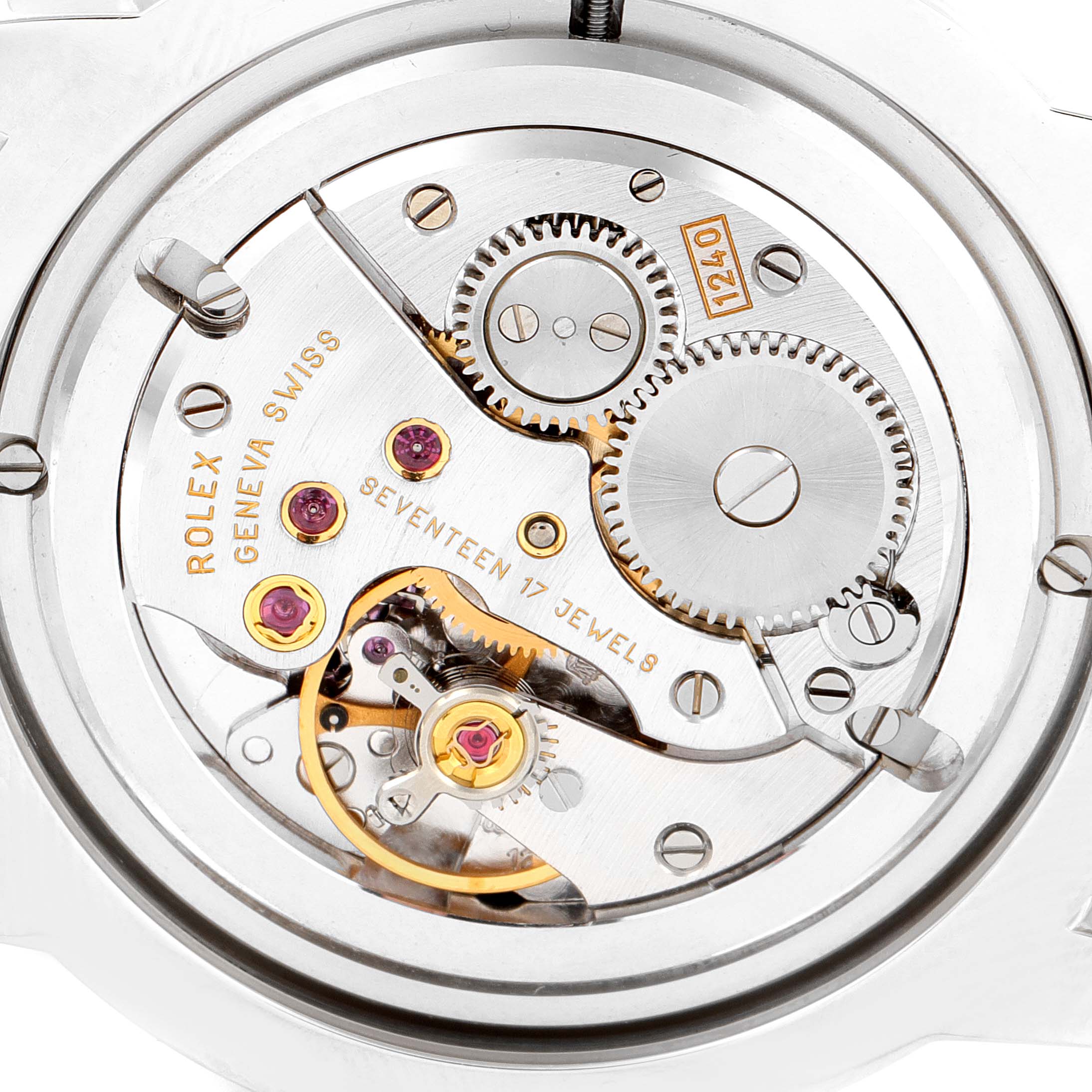 This is a close-up view of the movement mechanism inside a Rolex Cellini 5240 Men
s Platinum Black Dial 5240 Men
s Platinum Black Dial watch, showing gears and jewels.