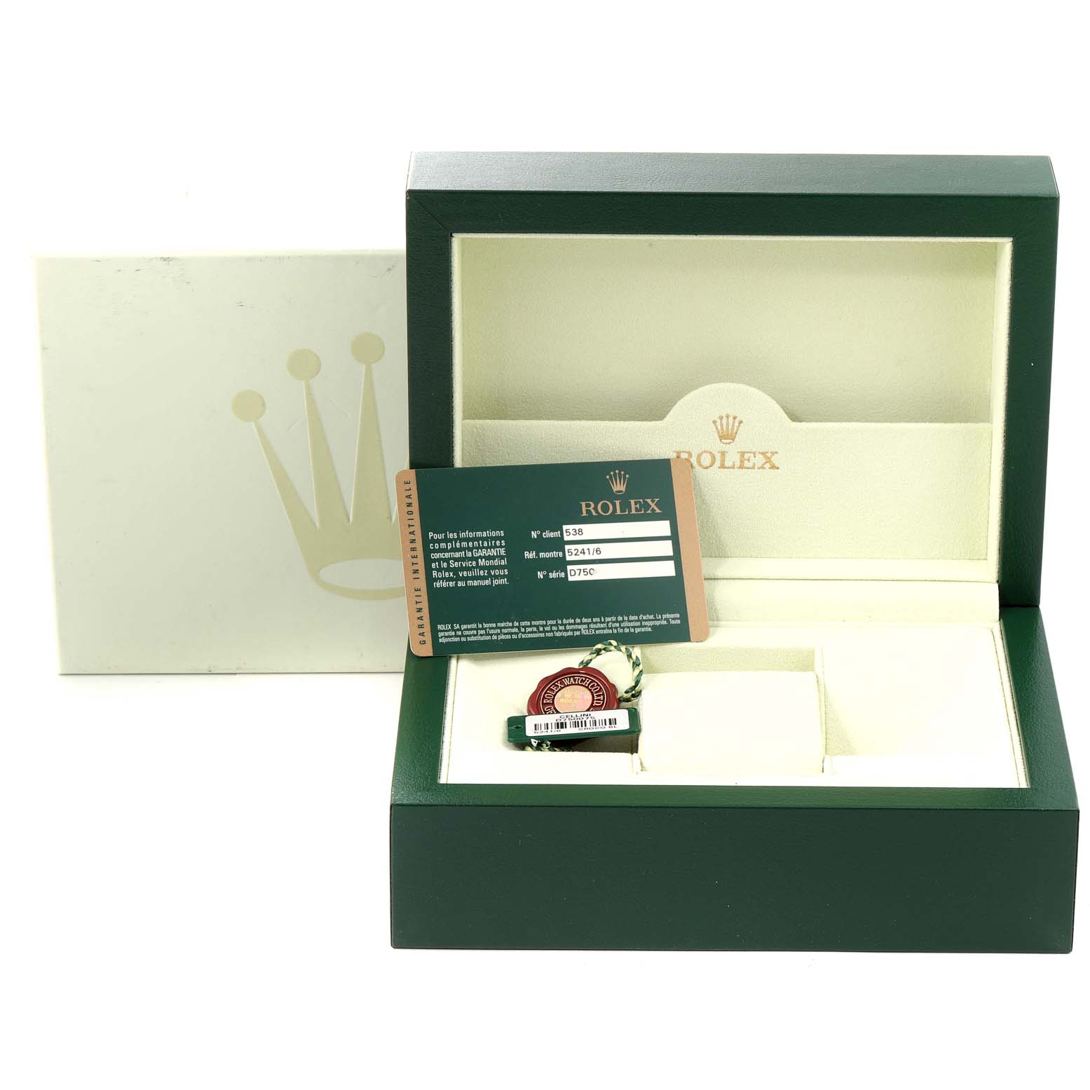 The image shows a Rolex Cellini 5240 Men
s Platinum Black Dial 5240 Men
s Platinum Black Dial watch box, an Best Quality
ity card, and a Rolex tag from a frontal angle.