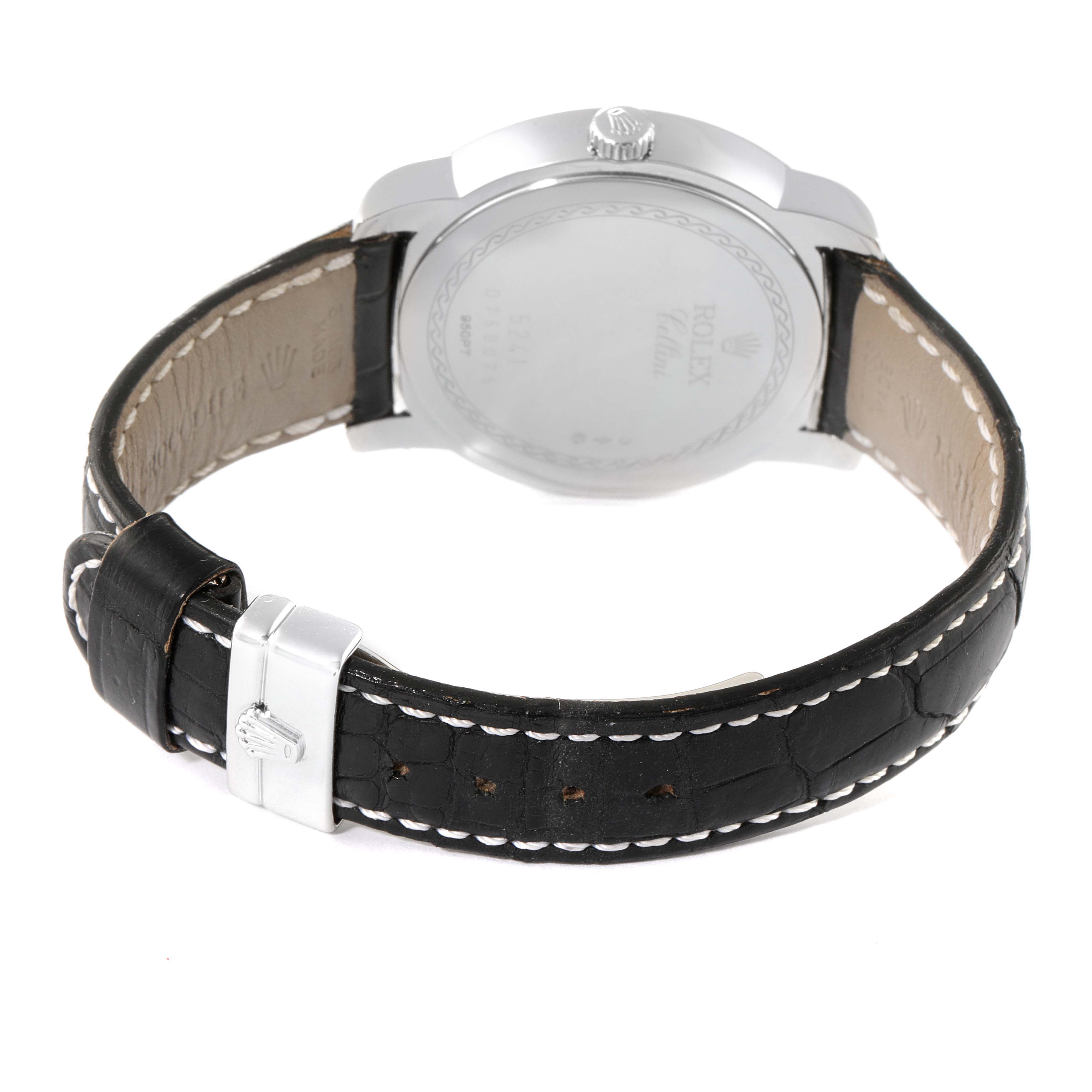 The image shows the back and strap of a Rolex Cellini 5240 Men
s Platinum Black Dial 5240 Men
s Platinum Black Dial model watch from a rear angle.