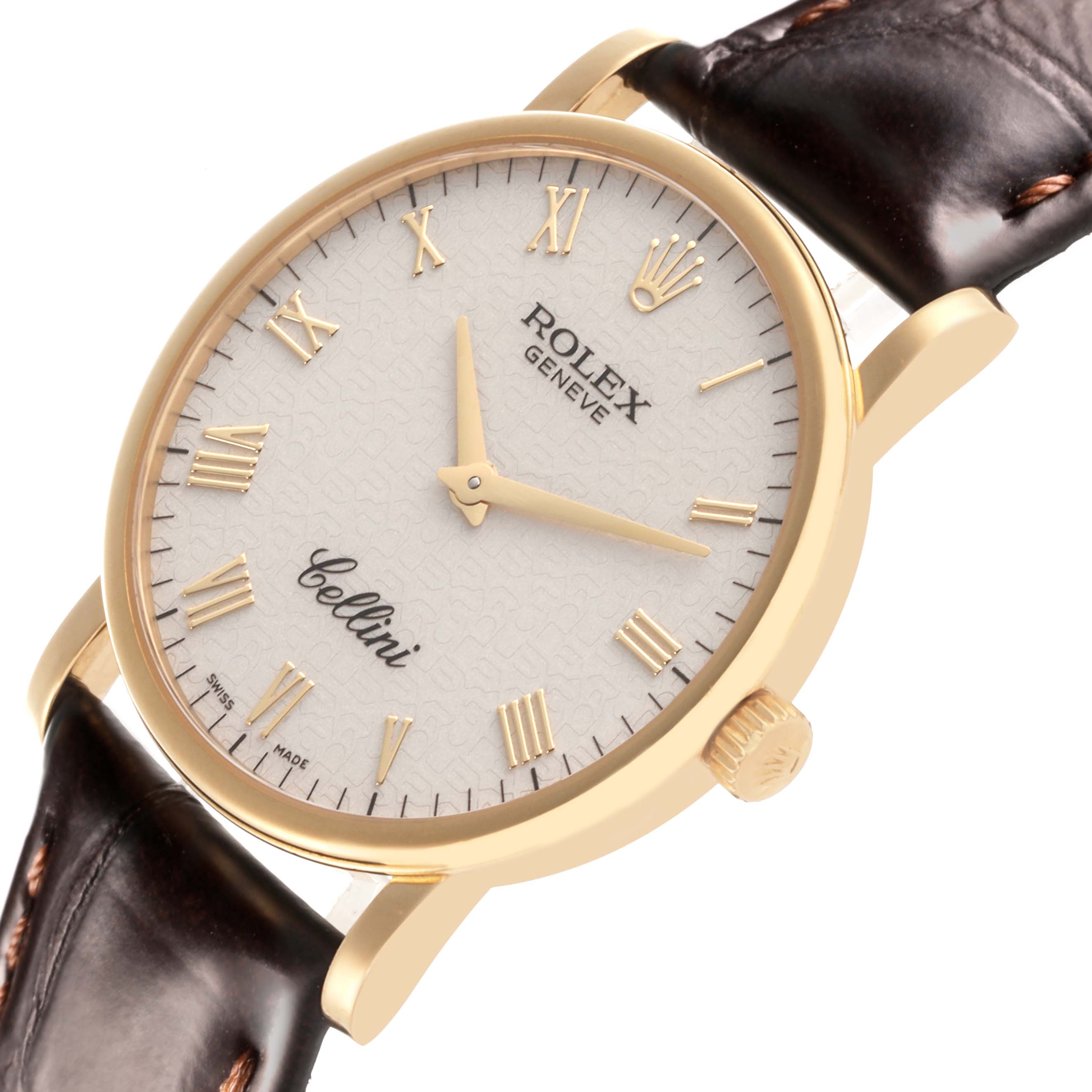 The Rolex Cellini 5115/8 Men's Yellow Gold White Dial 5115/8 Men's Yellow Gold White Dial watch is shown from a side angle, highlighting the face, case, crown, and brown leather strap.