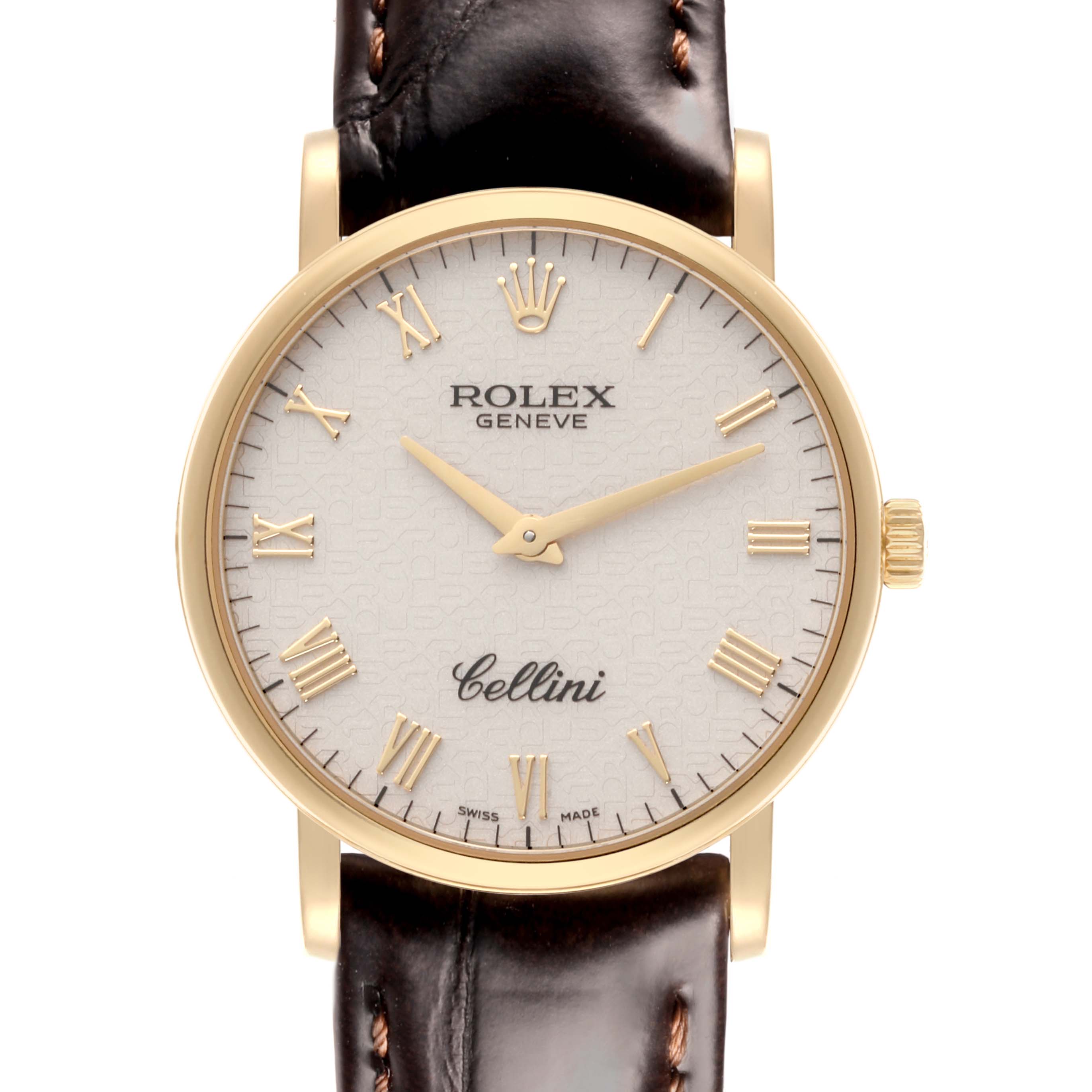 The Rolex Cellini 5115/8 Men's Yellow Gold White Dial 5115/8 Men's Yellow Gold White Dial watch is shown from the front, displaying its dial, hands, crown, and leather strap.
