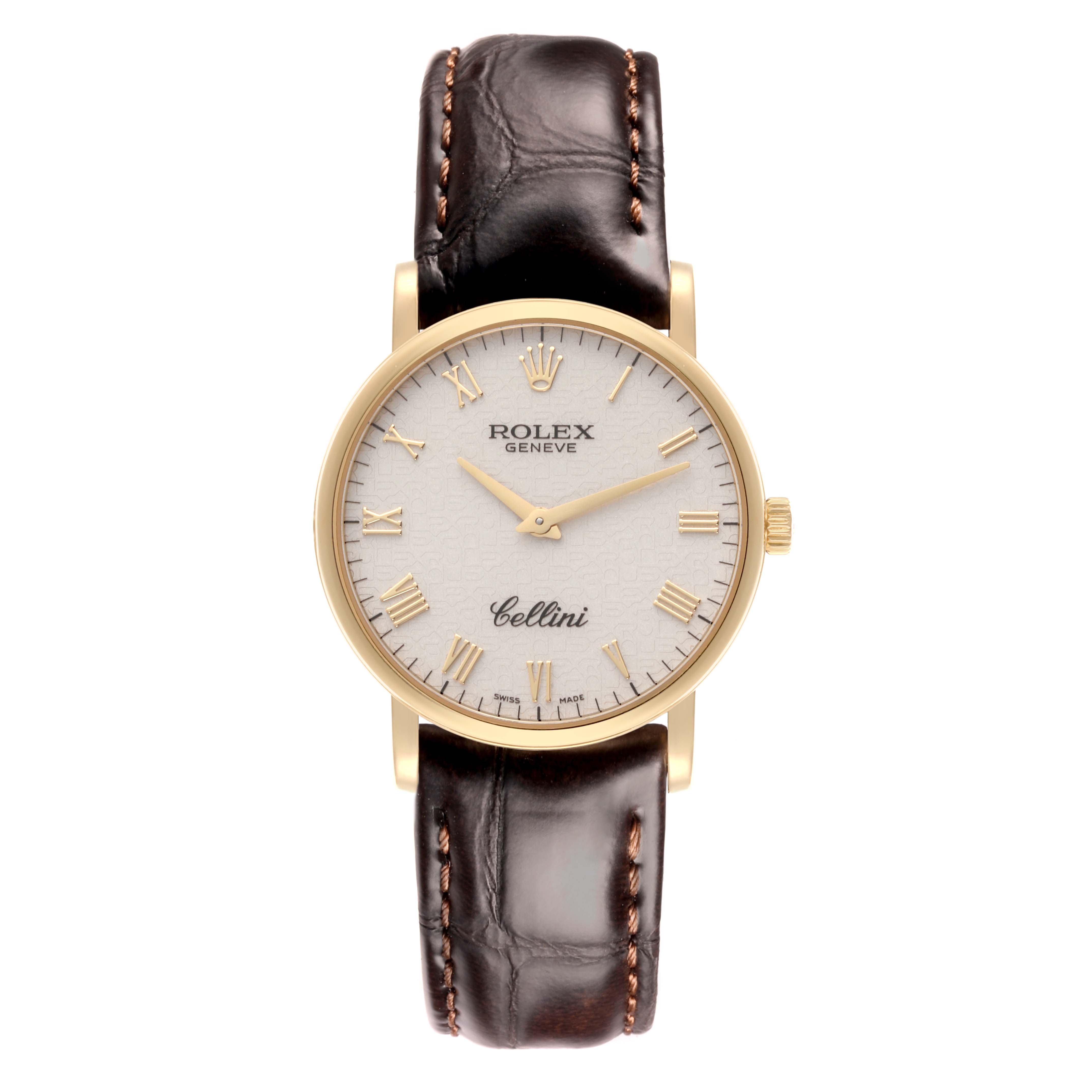 The Rolex Cellini 5115/8 Men's Yellow Gold White Dial 5115/8 Men's Yellow Gold White Dial watch is shown from a front angle, displaying the dial, case, and leather strap.