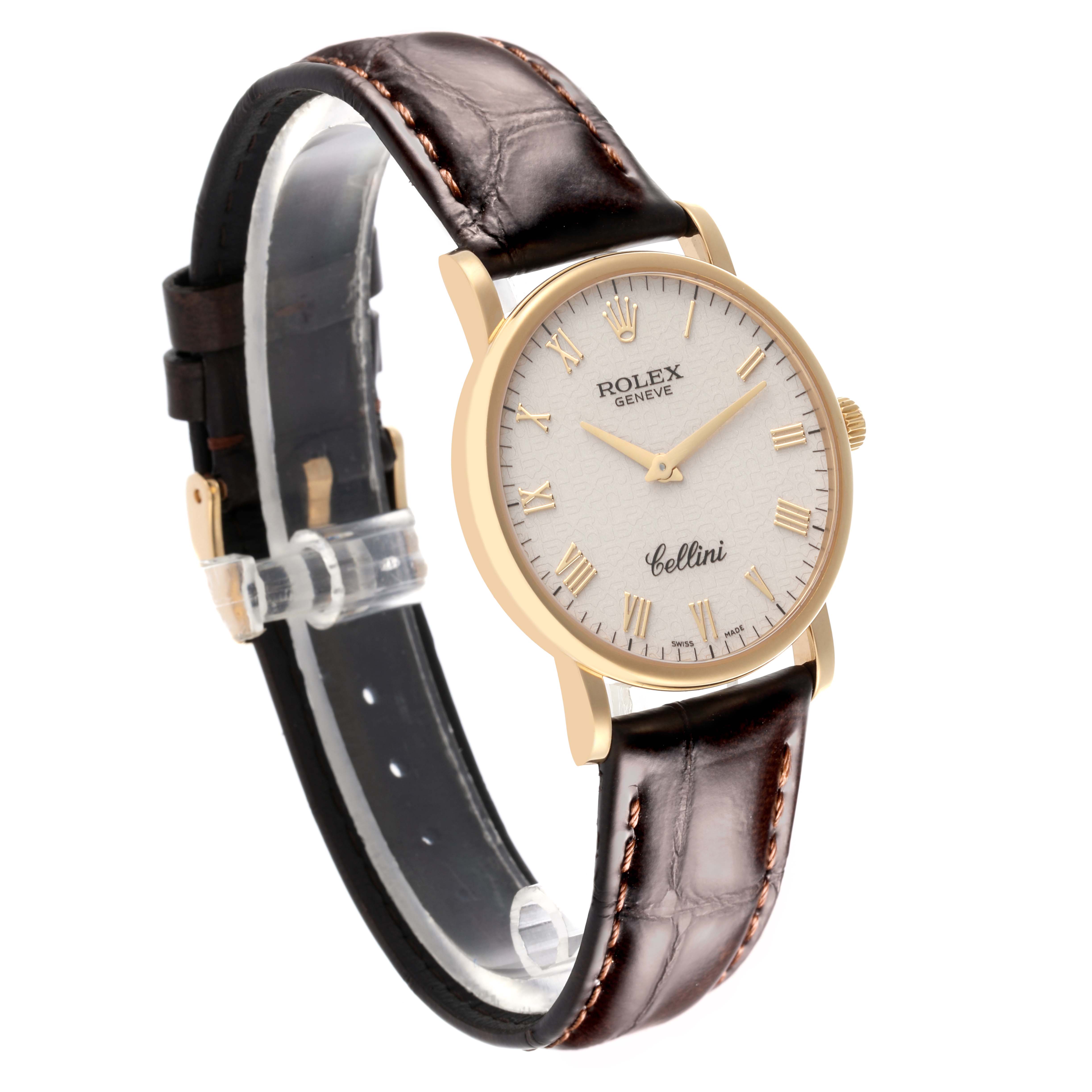The Rolex Cellini 5115/8 Men's Yellow Gold White Dial 5115/8 Men's Yellow Gold White Dial watch is shown at a three-quarter angle, highlighting the dial, case, and leather strap.
