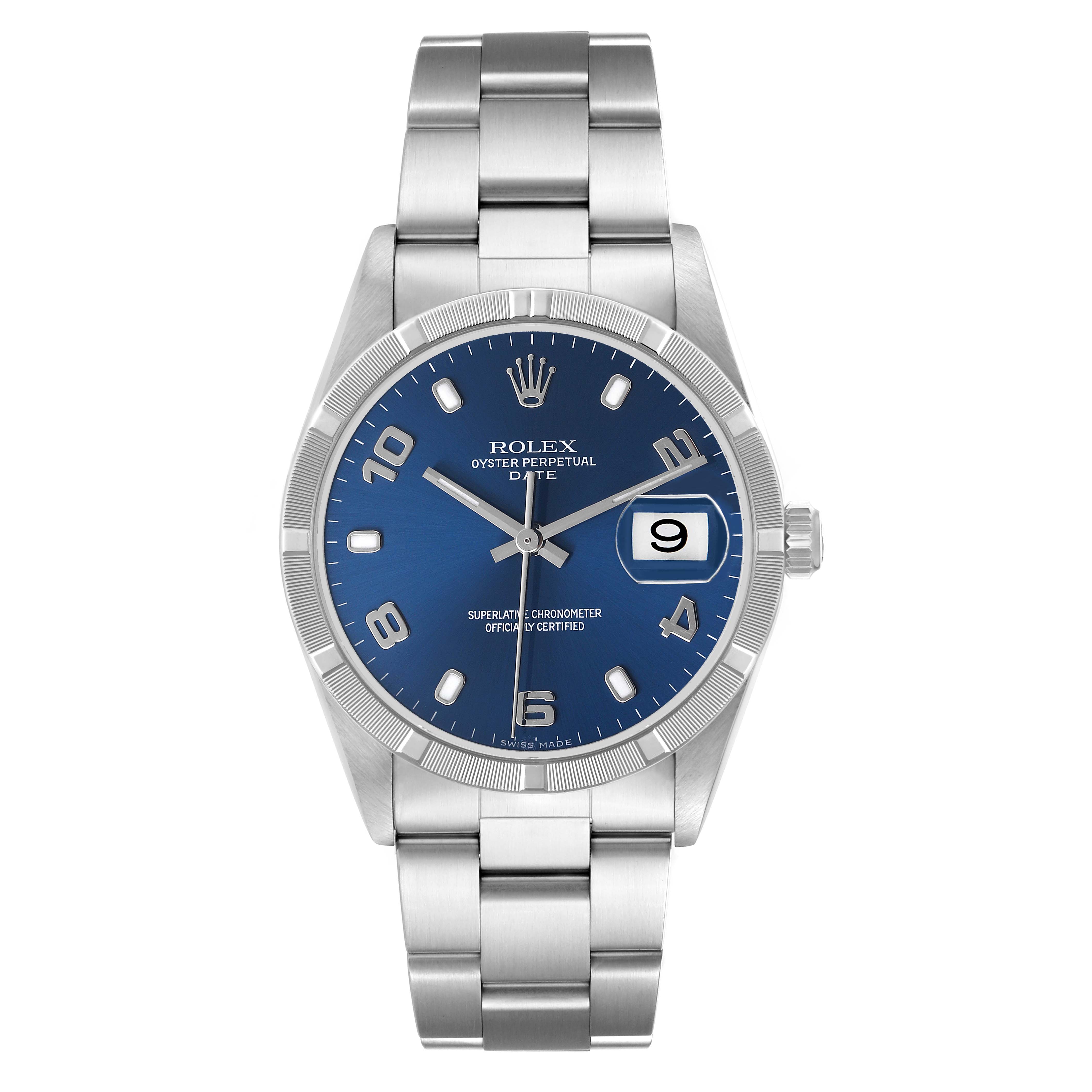 The Rolex Date 15210 Men's Stainless Steel Blue Dial model watch is shown from a front angle, displaying the face, bezel, bracelet, and crown.