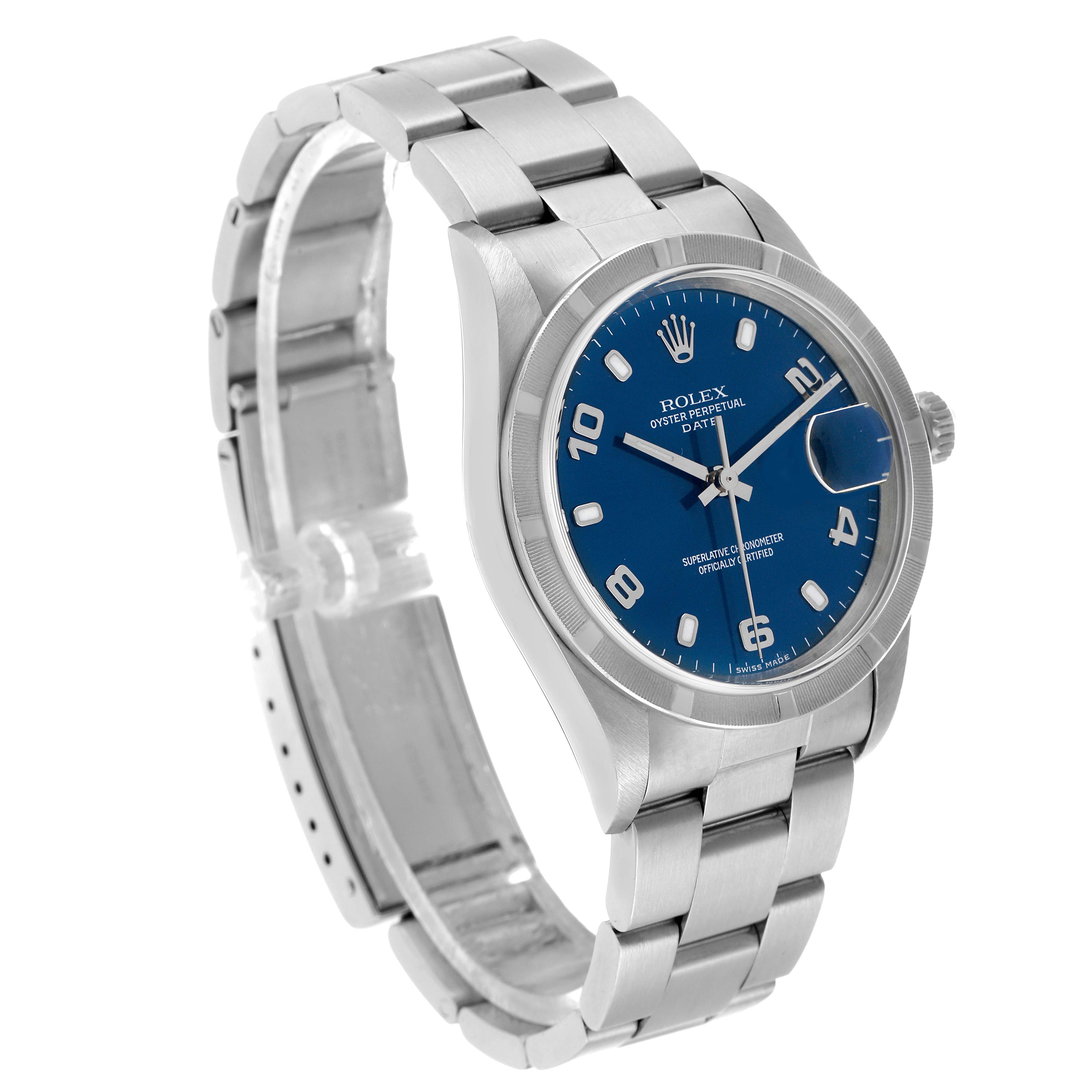 The Rolex Date 15210 Men's Stainless Steel Blue Dial watch is shown at a three-quarter angle, highlighting the blue dial, stainless steel bracelet, and side crown.