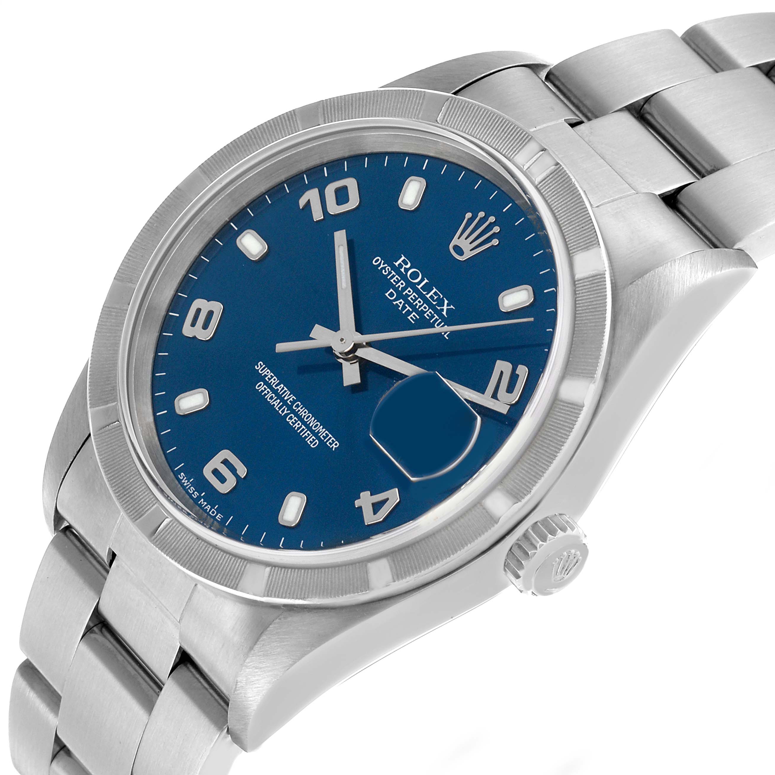 The Rolex Date 15210 Men's Stainless Steel Blue Dial model is shown at an angled view, highlighting the blue dial, bezel, crown, and bracelet.