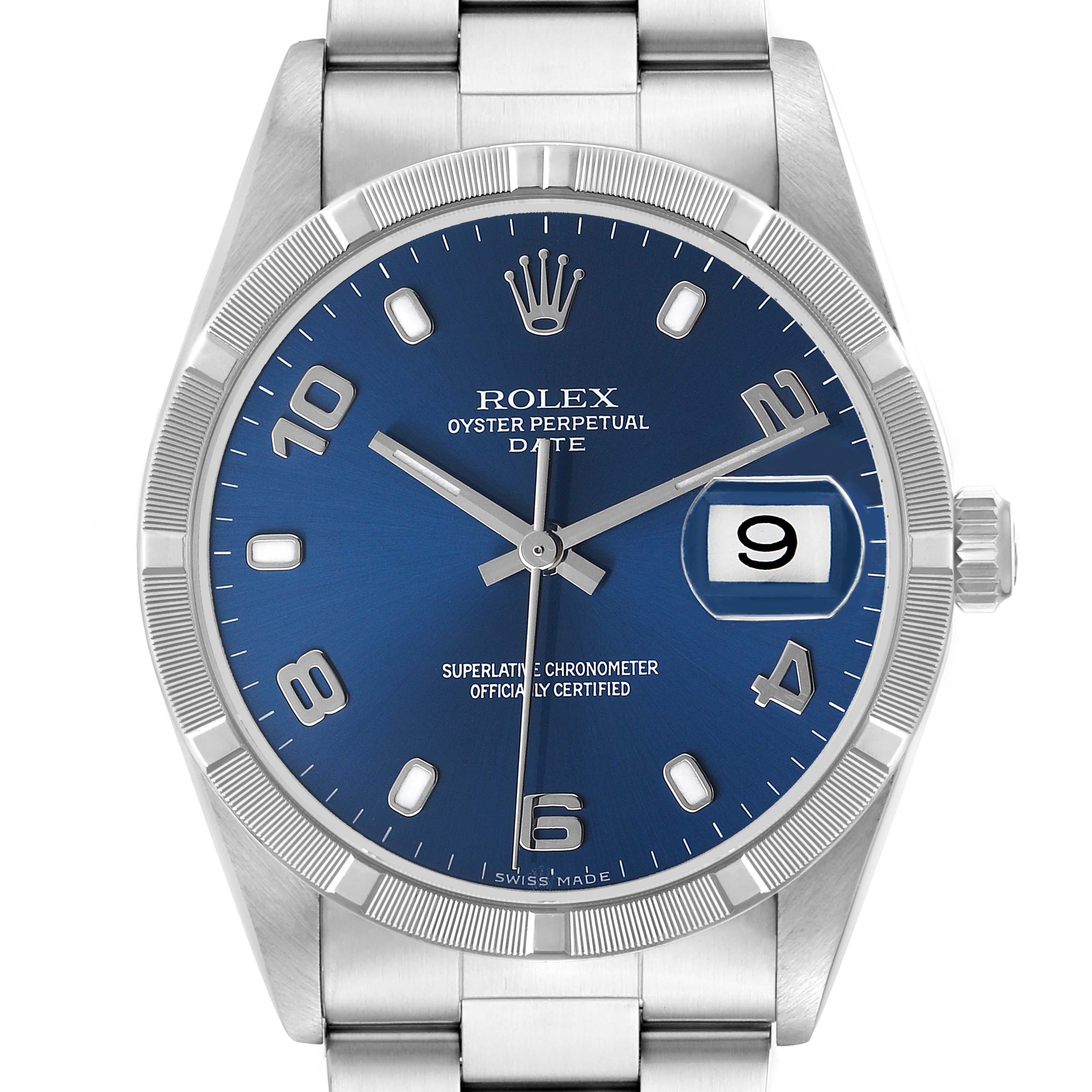 The Rolex Date 15210 Men's Stainless Steel Blue Dial is shown from a front angle, highlighting the blue dial, bezel, and bracelet.
