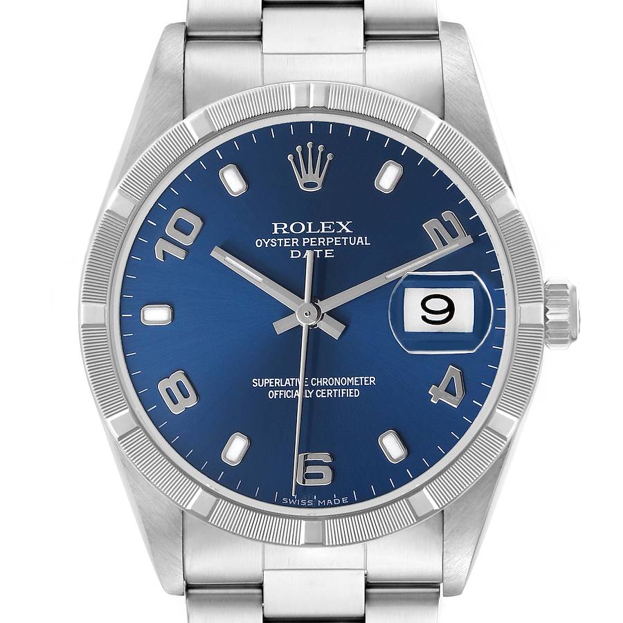 The Rolex Date 15210 Men's Stainless Steel Blue Dial is shown from a front angle, highlighting the blue dial, bezel, and bracelet.