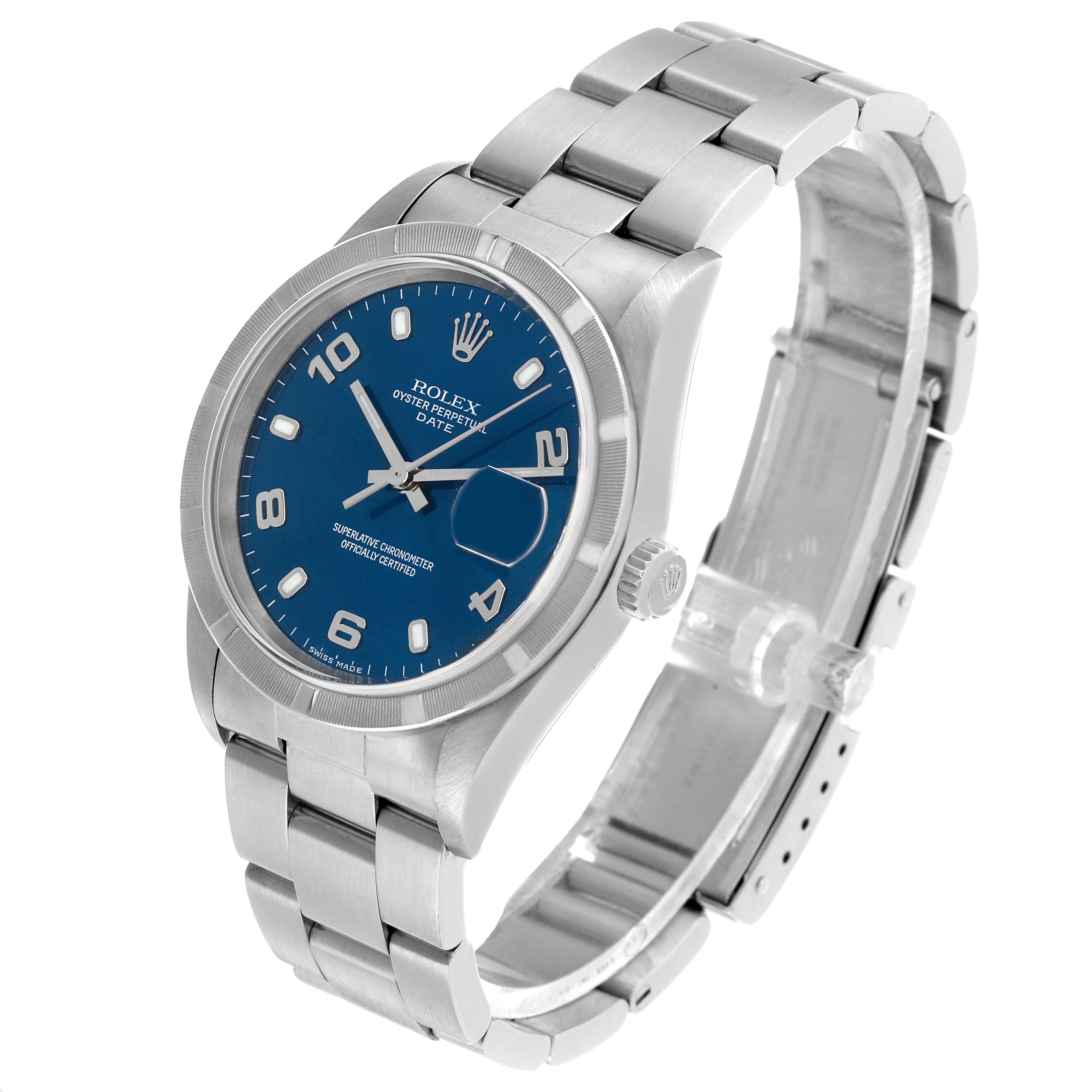The Rolex Date 15210 Men's Stainless Steel Blue Dial model watch is shown at a three-quarter angle, displaying its blue dial, bezel, bracelet, and crown.